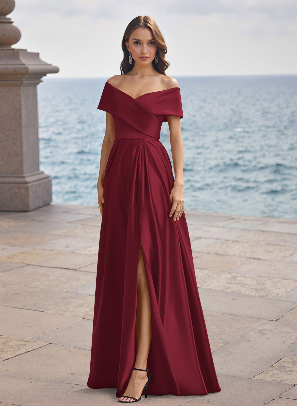 A-Line Off-The-Shoulder Sleeveless Satin Bridesmaid Dresses With Split Front, product image 29