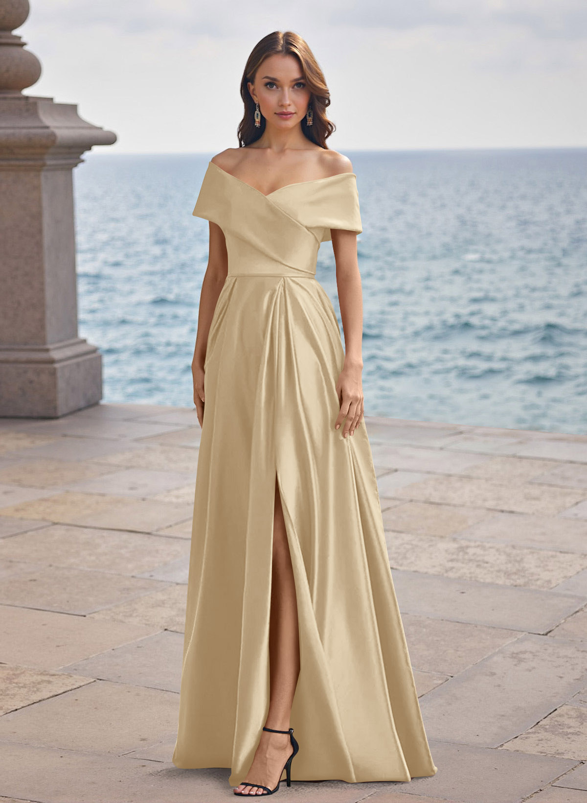 A-Line Off-The-Shoulder Sleeveless Satin Bridesmaid Dresses With Split Front, product image 91