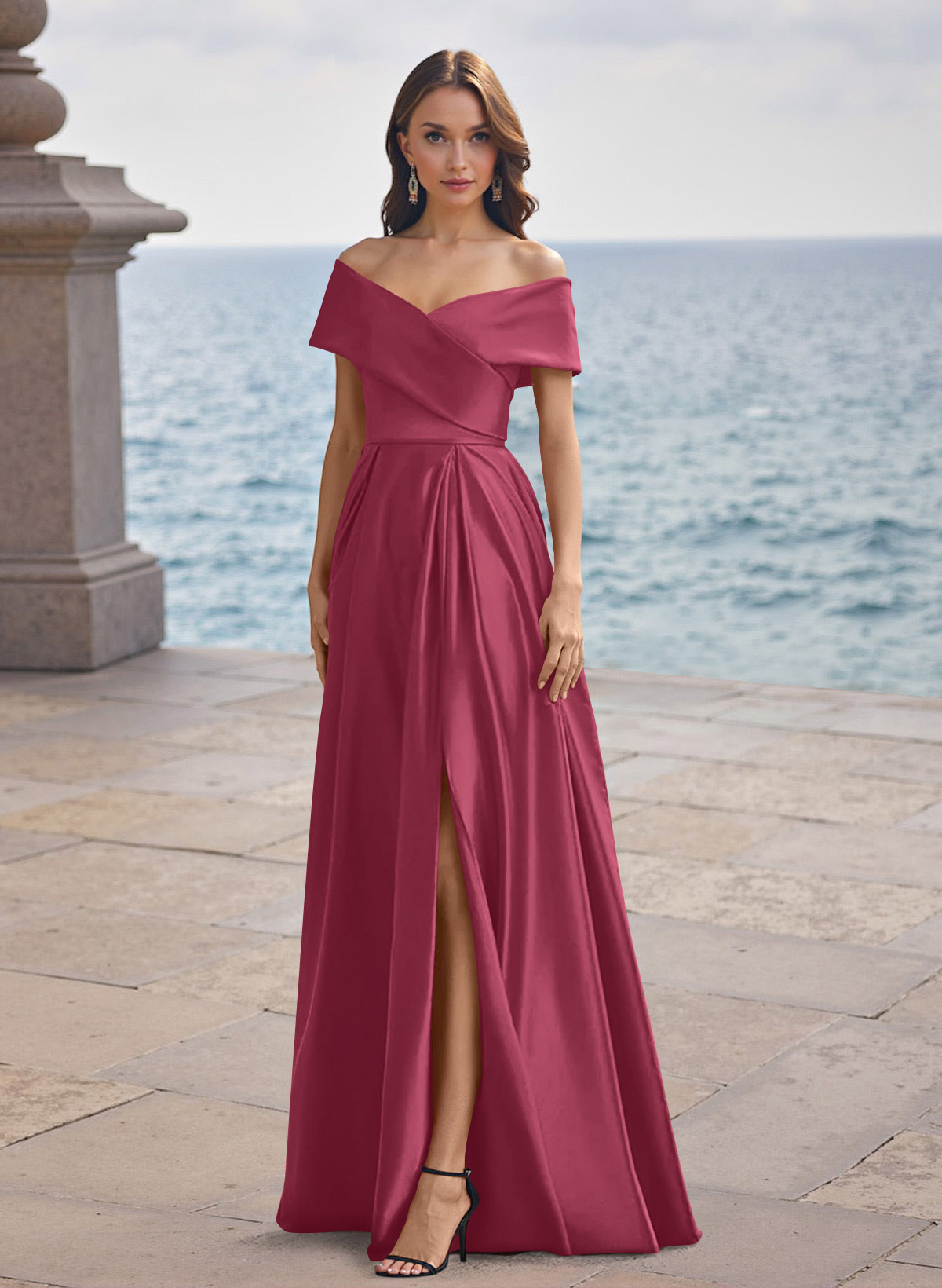 A-Line Off-The-Shoulder Sleeveless Satin Bridesmaid Dresses With Split Front, product image 31