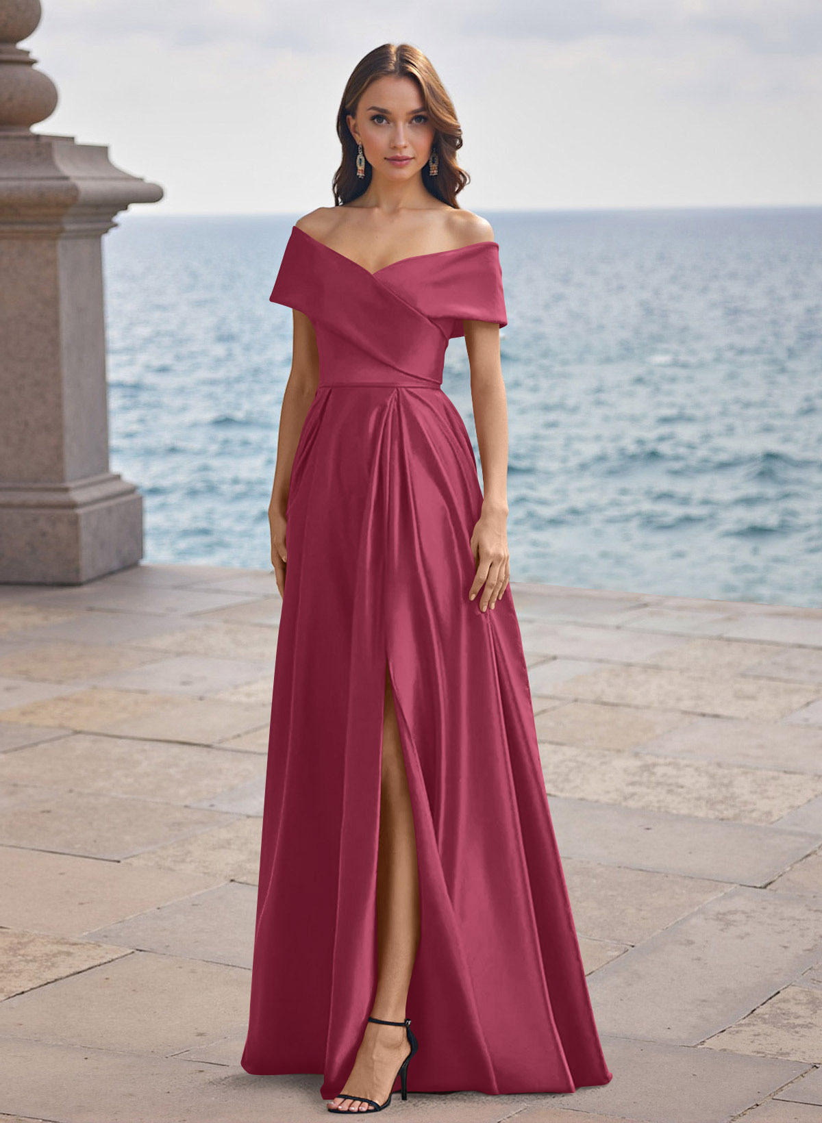 A-Line Off-The-Shoulder Sleeveless Satin Bridesmaid Dresses With Split Front, product image 31