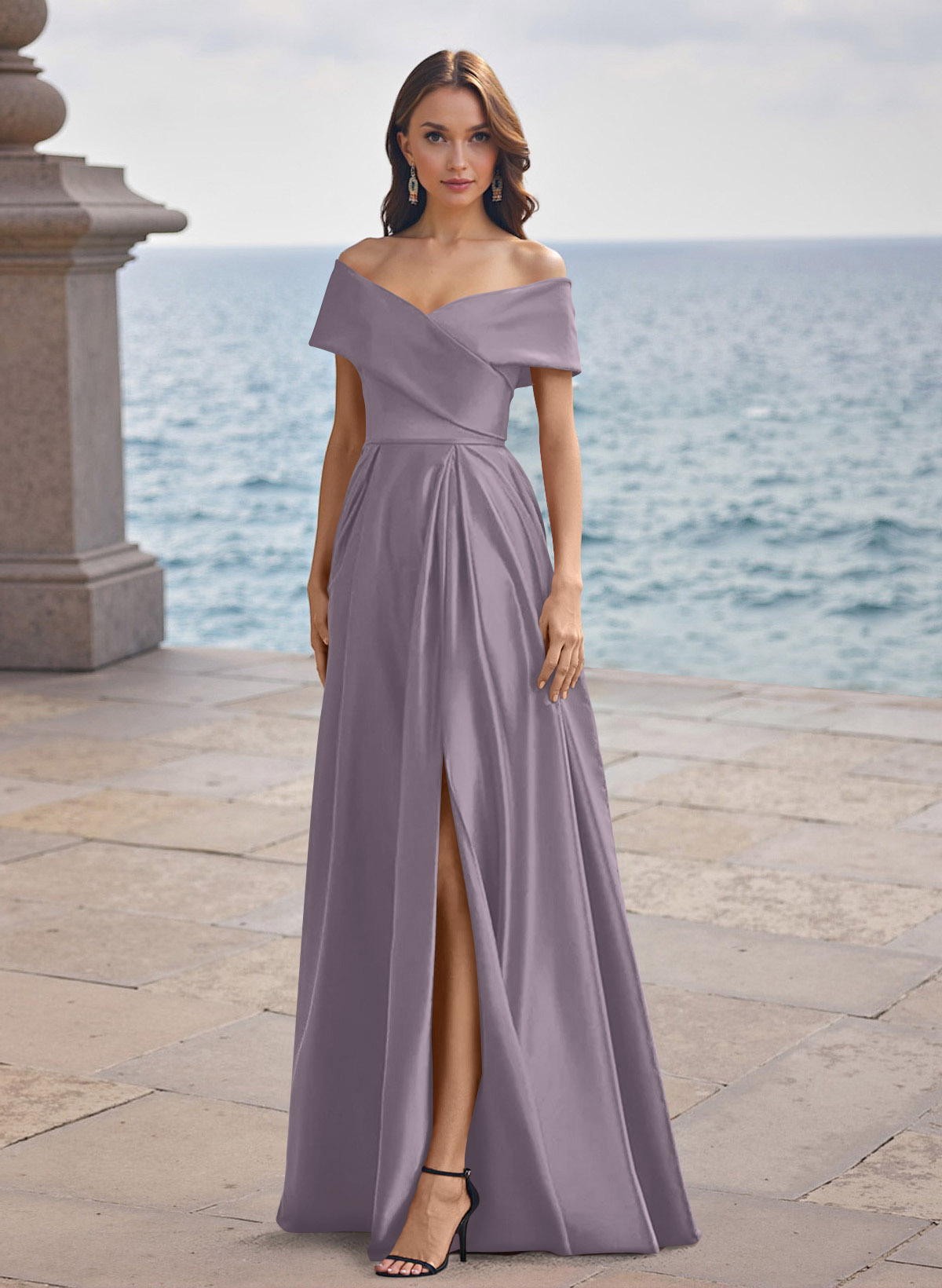 A-Line Off-The-Shoulder Sleeveless Satin Bridesmaid Dresses With Split Front, product image 53