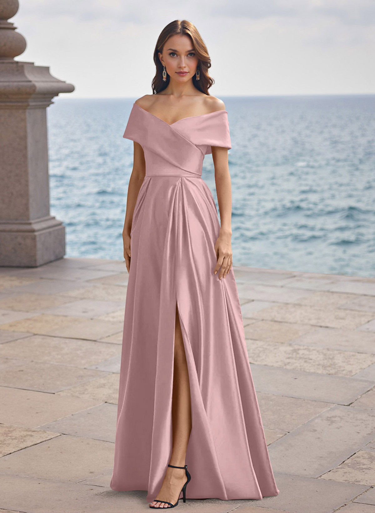 A-Line Off-The-Shoulder Sleeveless Satin Bridesmaid Dresses With Split Front, product image 39