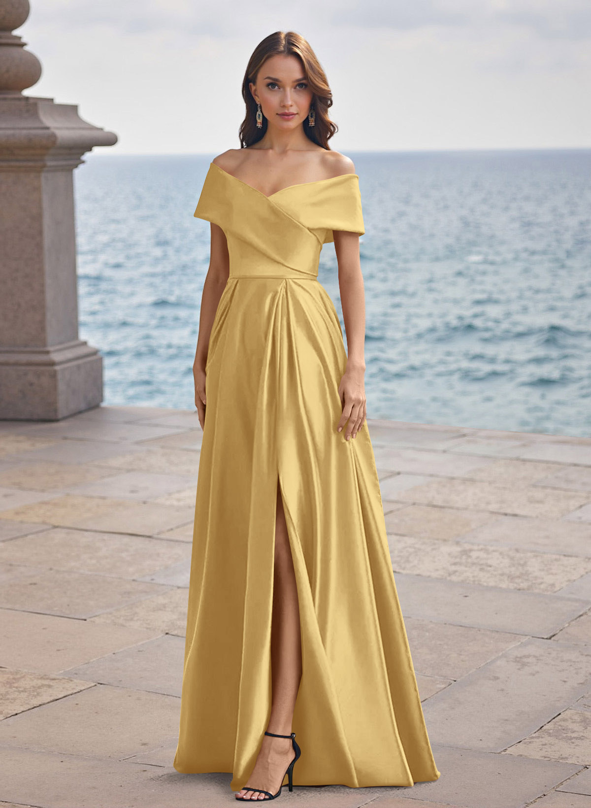 A-Line Off-The-Shoulder Sleeveless Satin Bridesmaid Dresses With Split Front, product image 97