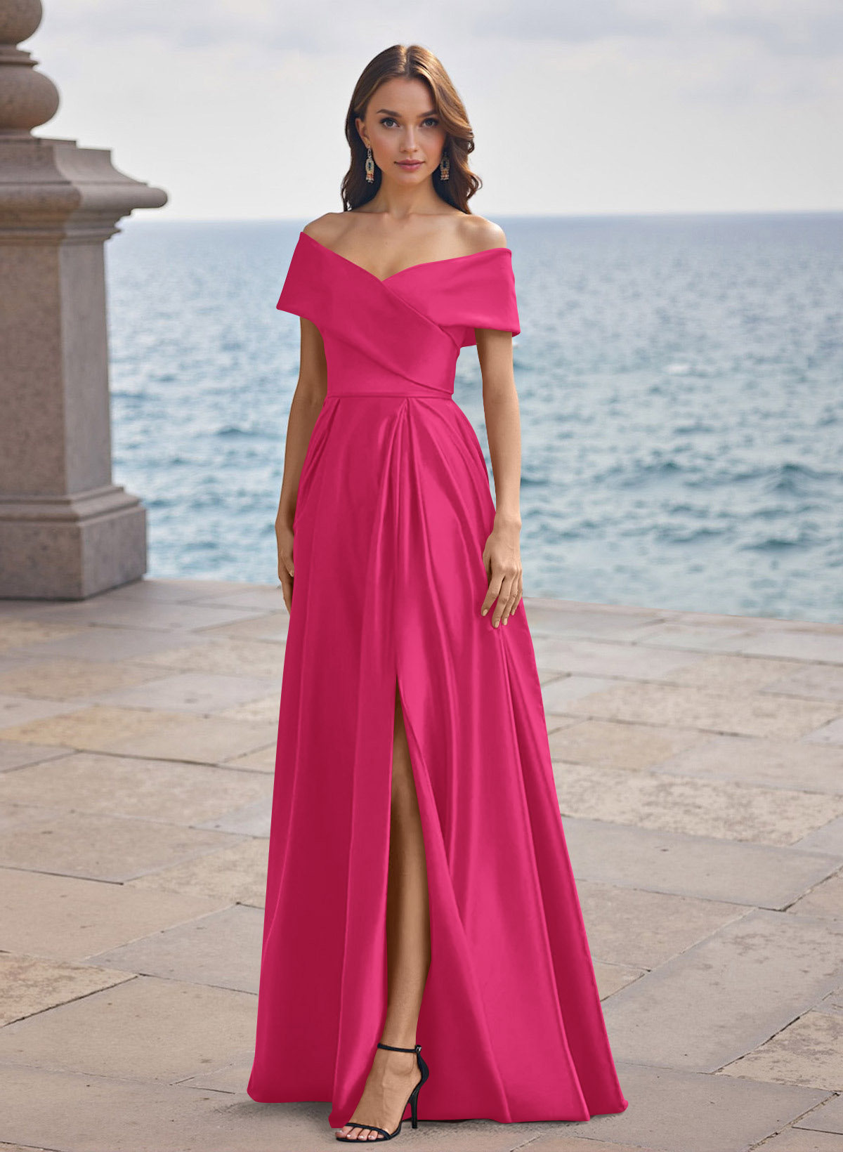 A-Line Off-The-Shoulder Sleeveless Satin Bridesmaid Dresses With Split Front, product image 115