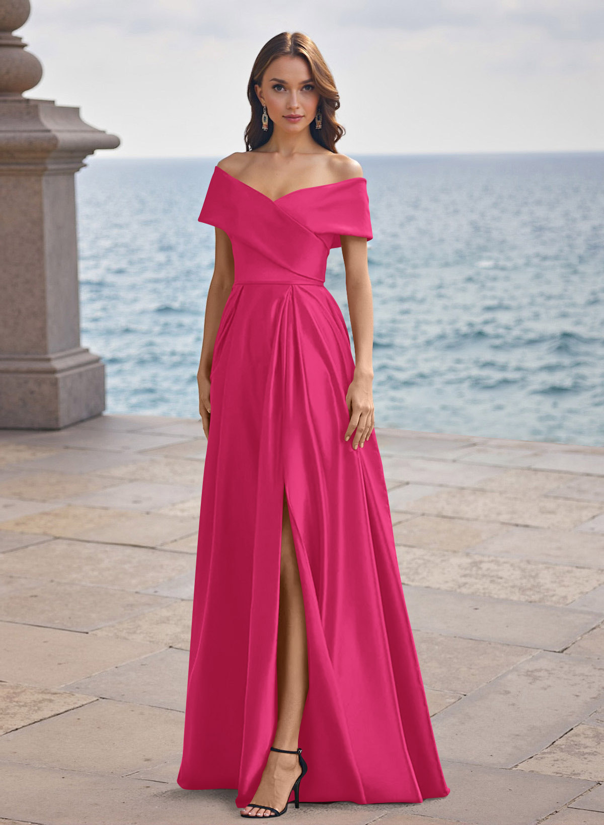 A-Line Off-The-Shoulder Sleeveless Satin Bridesmaid Dresses With Split Front, product image 115
