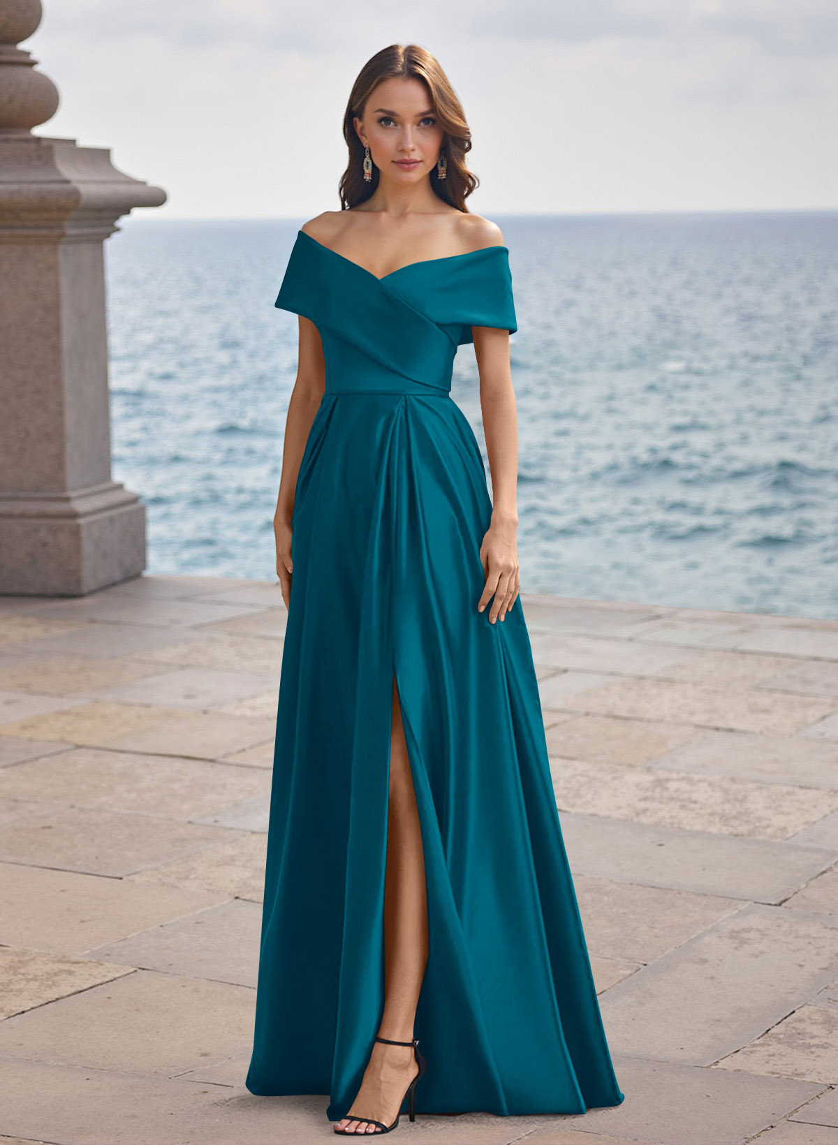 A-Line Off-The-Shoulder Sleeveless Satin Bridesmaid Dresses With Split Front, product image 13