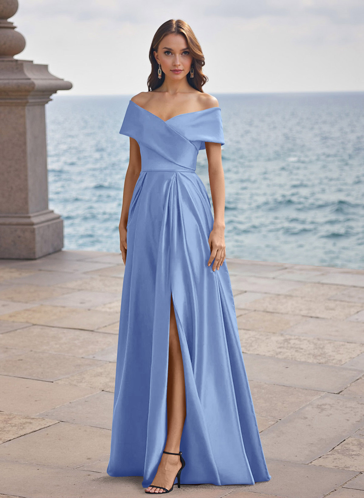 A-Line Off-The-Shoulder Sleeveless Satin Bridesmaid Dresses With Split Front, product image 21