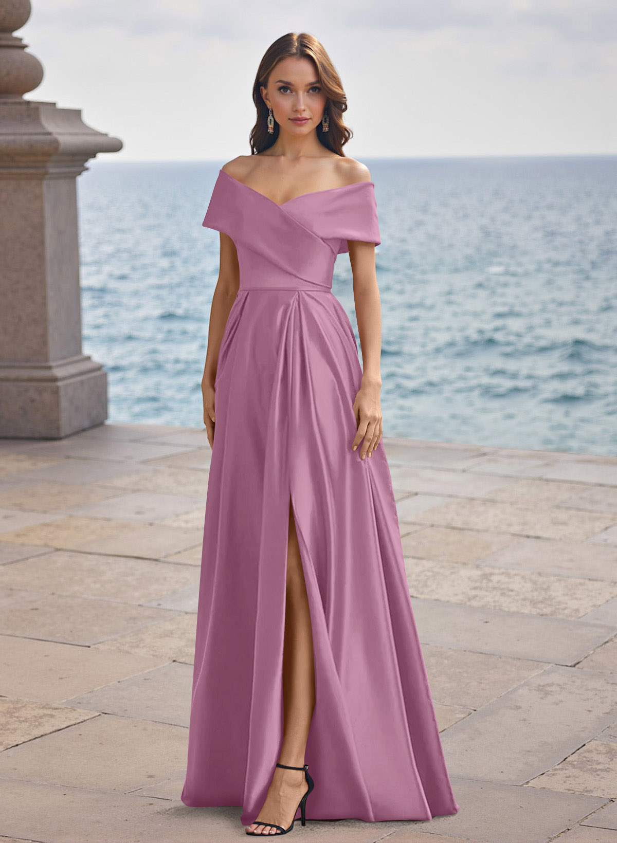 A-Line Off-The-Shoulder Sleeveless Satin Bridesmaid Dresses With Split Front, product image 59