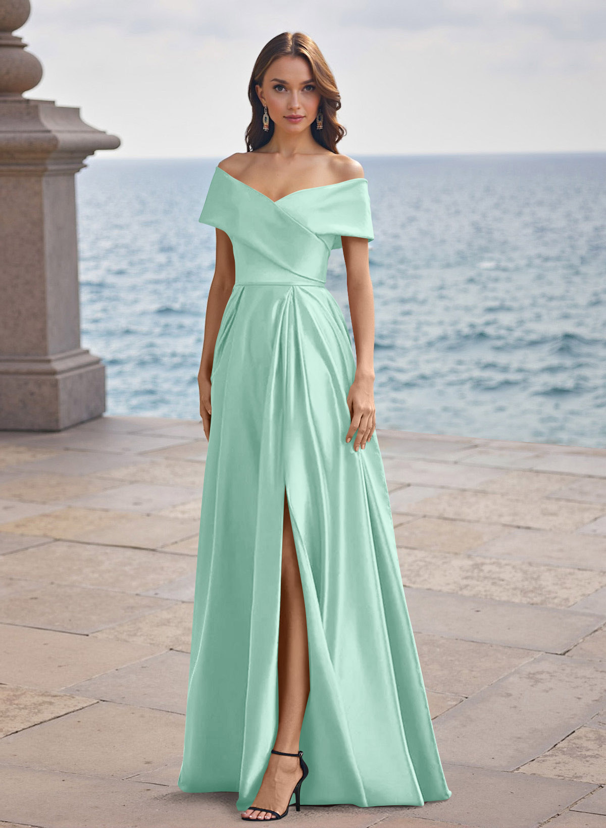 A-Line Off-The-Shoulder Sleeveless Satin Bridesmaid Dresses With Split Front, product image 87