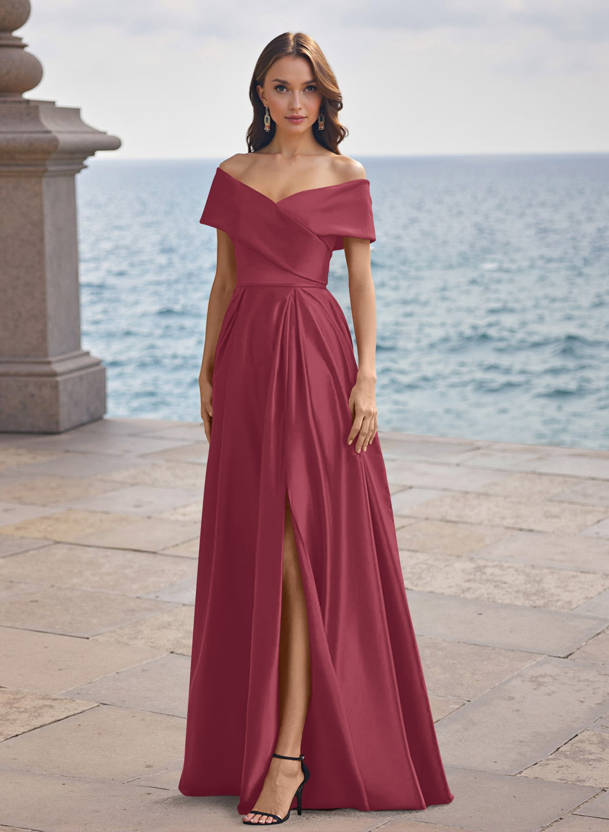 A-Line Off-The-Shoulder Sleeveless Satin Bridesmaid Dresses With Split Front, product image 33