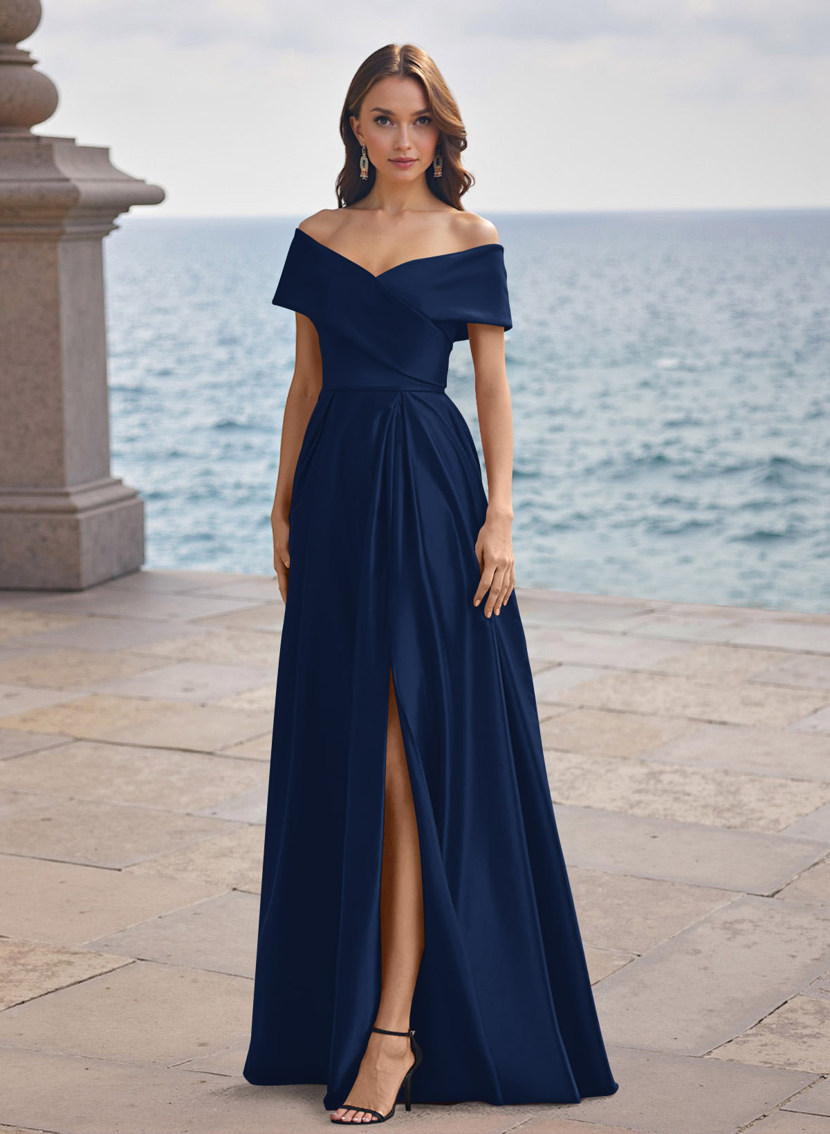 A-Line Off-The-Shoulder Sleeveless Satin Bridesmaid Dresses With Split Front, product image 5