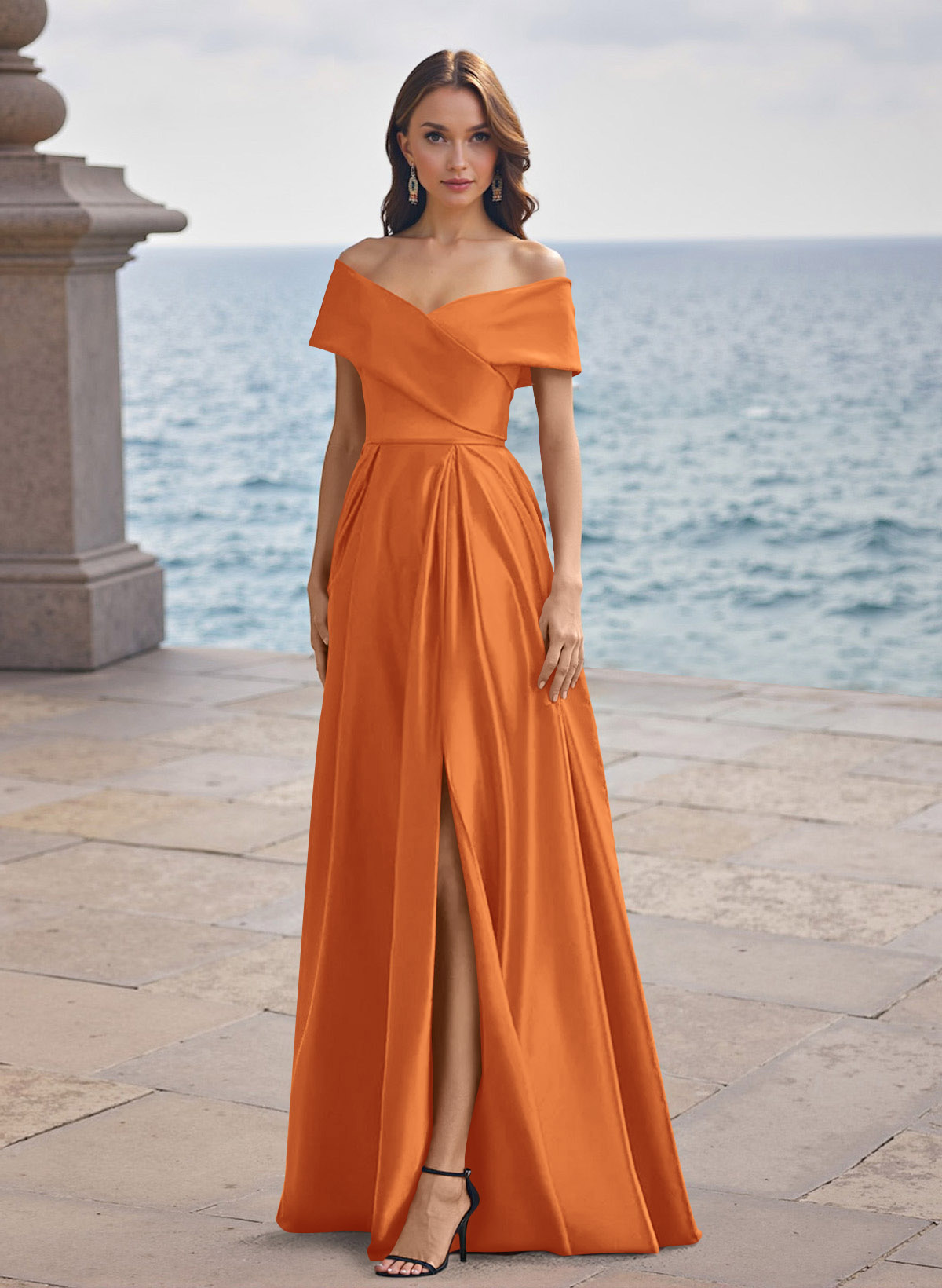 A-Line Off-The-Shoulder Sleeveless Satin Bridesmaid Dresses With Split Front, product image 99