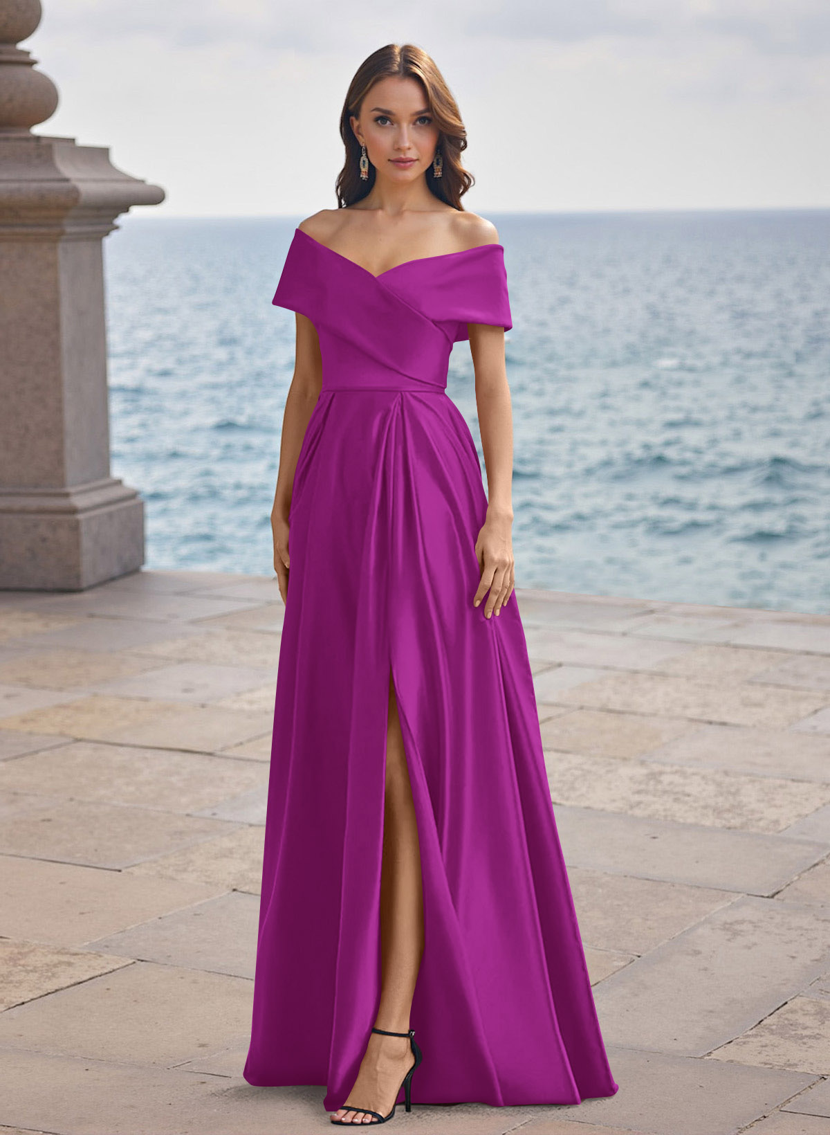 A-Line Off-The-Shoulder Sleeveless Satin Bridesmaid Dresses With Split Front, product image 69