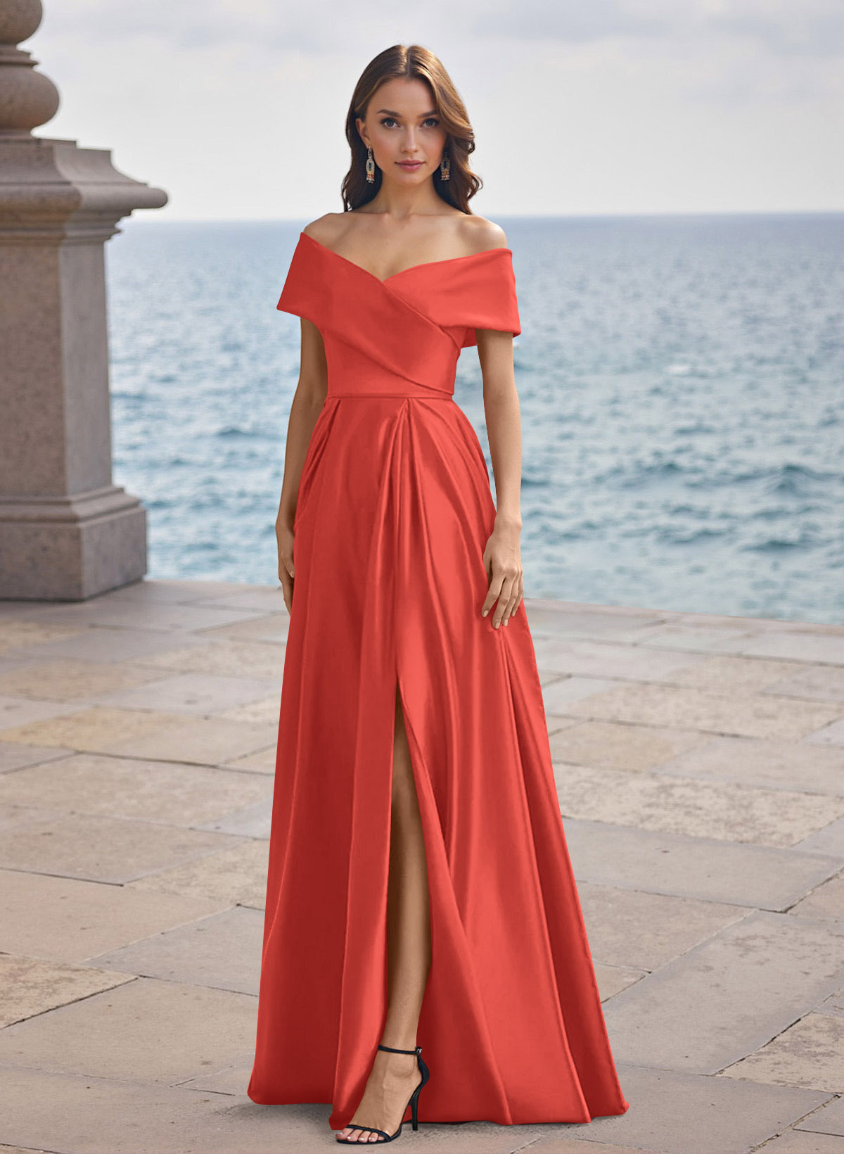 A-Line Off-The-Shoulder Sleeveless Satin Bridesmaid Dresses With Split Front, product image 101