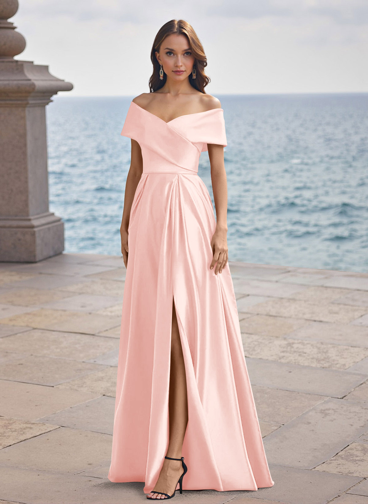A-Line Off-The-Shoulder Sleeveless Satin Bridesmaid Dresses With Split Front, product image 41