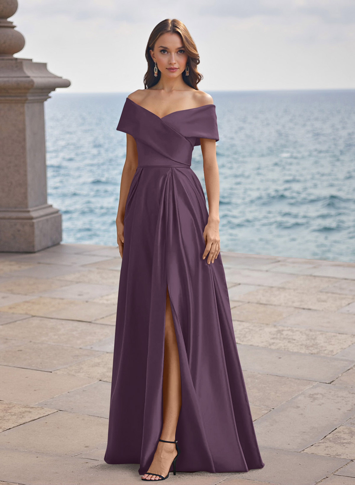 A-Line Off-The-Shoulder Sleeveless Satin Bridesmaid Dresses With Split Front, product image 117