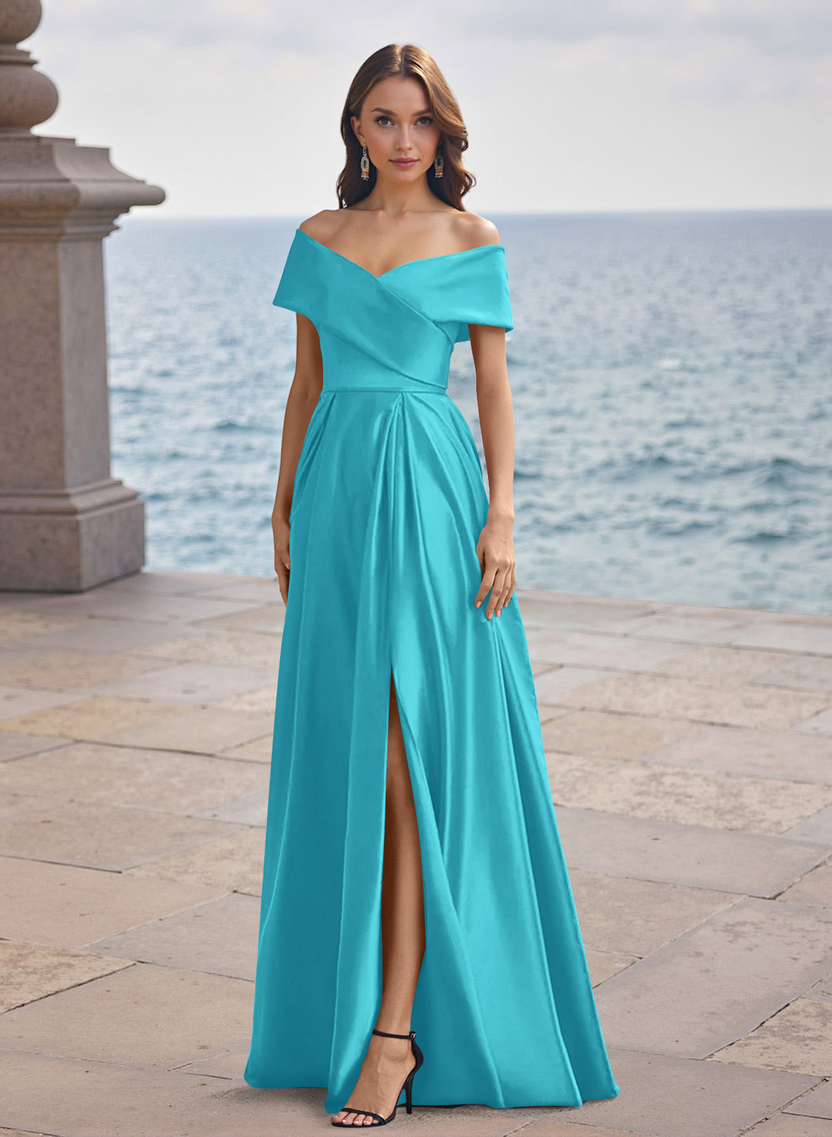 A-Line Off-The-Shoulder Sleeveless Satin Bridesmaid Dresses With Split Front, product image 19