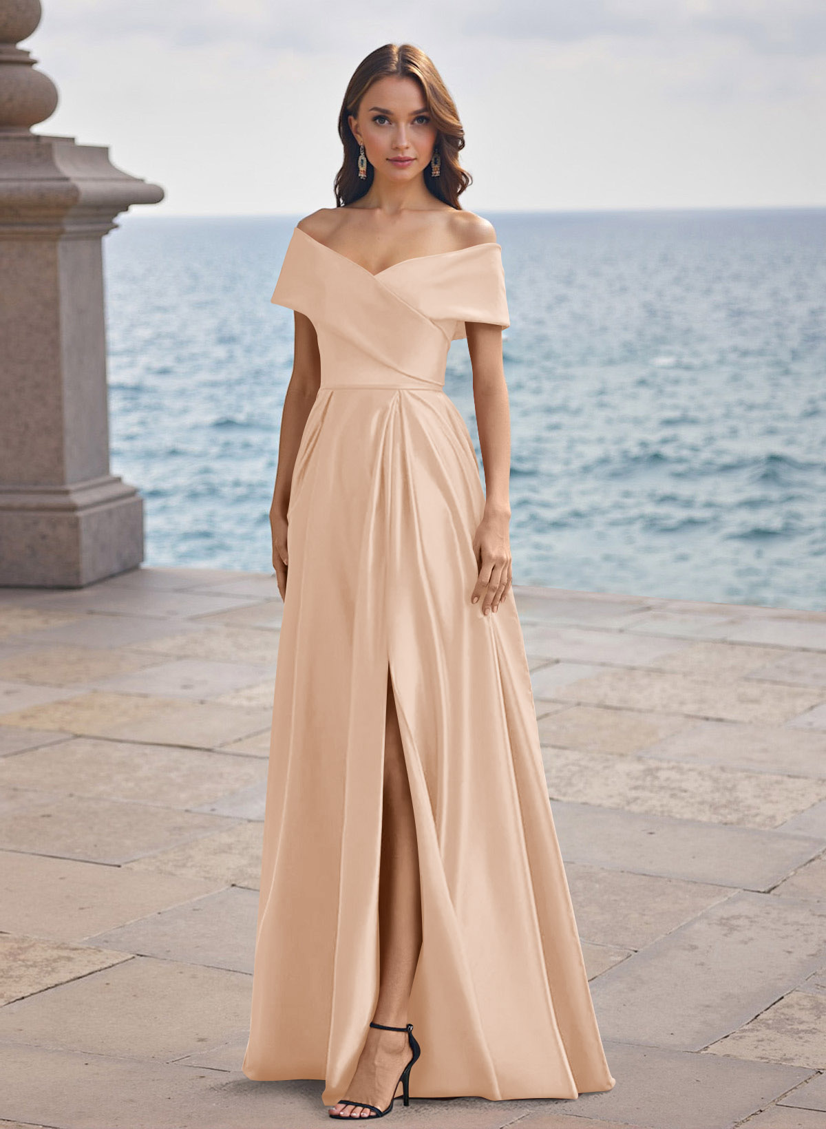 A-Line Off-The-Shoulder Sleeveless Satin Bridesmaid Dresses With Split Front, product image 125
