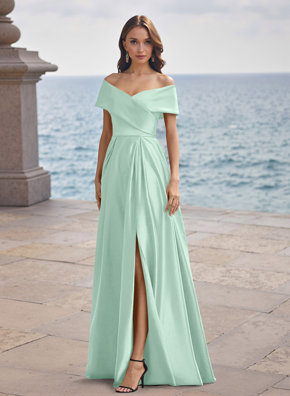 A-Line Off-The-Shoulder Sleeveless Satin Bridesmaid Dresses With Split Front, product image 85