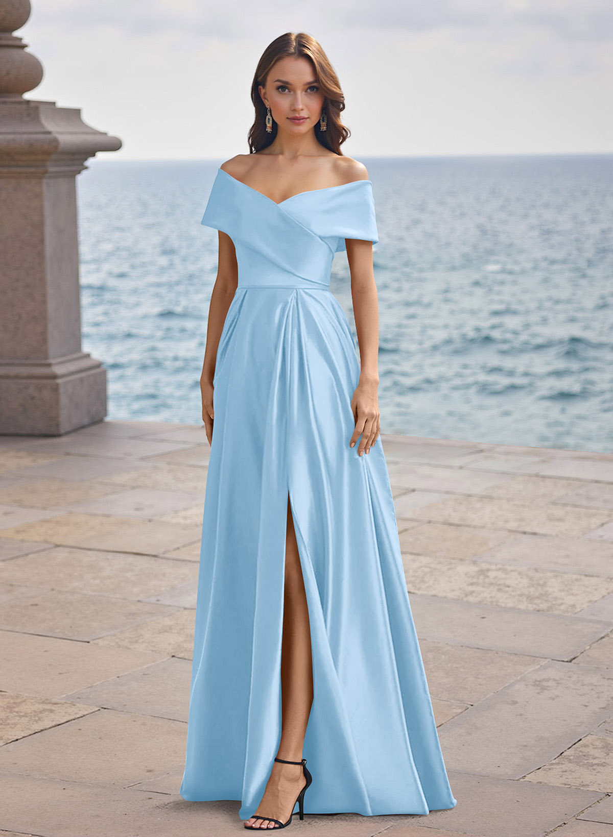 A-Line Off-The-Shoulder Sleeveless Satin Bridesmaid Dresses With Split Front, product image 23