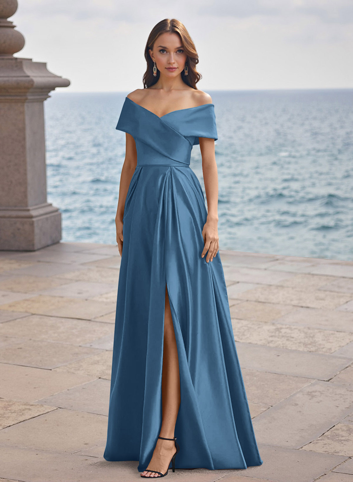 A-Line Off-The-Shoulder Sleeveless Satin Bridesmaid Dresses With Split Front, product image 9