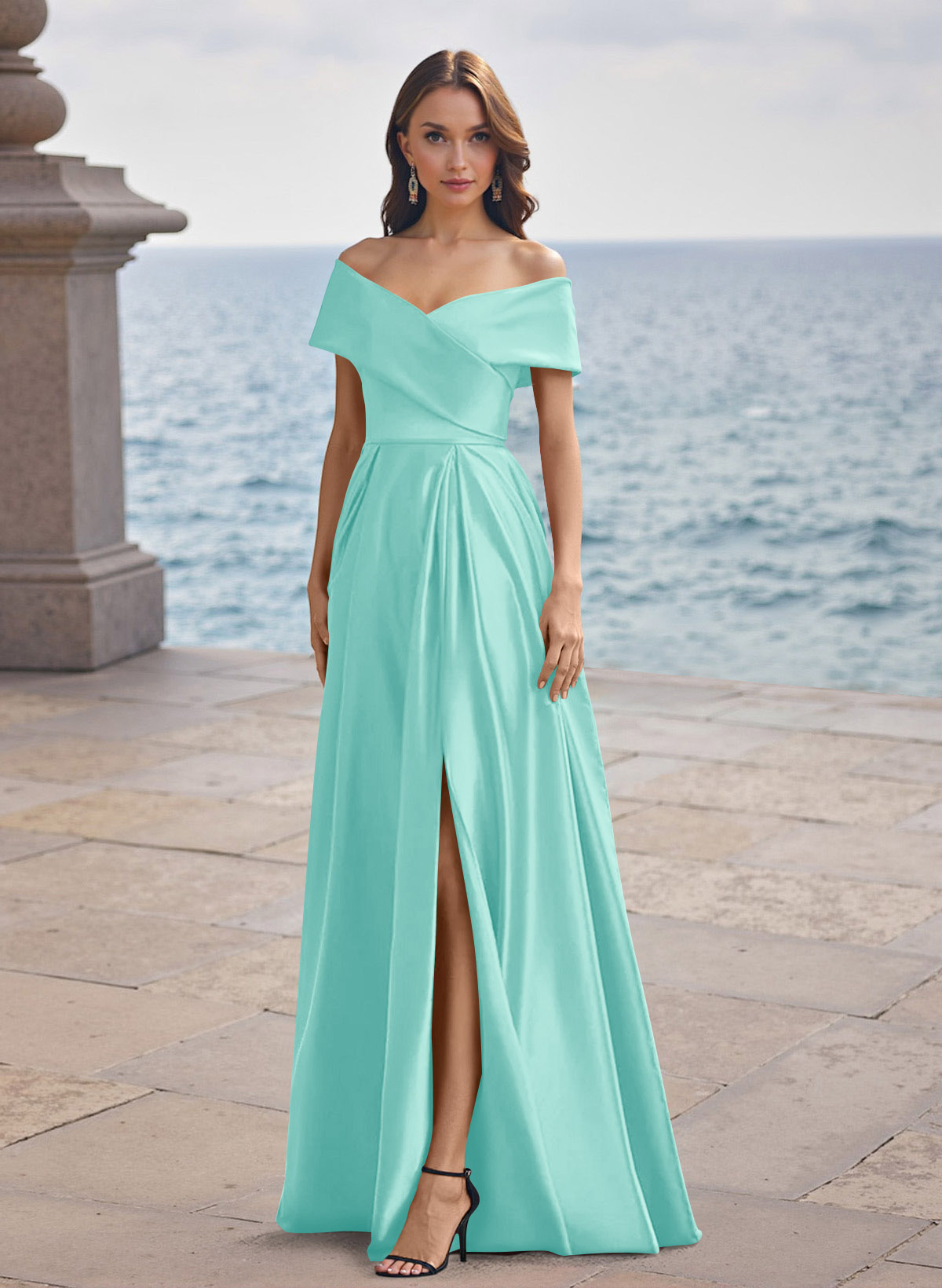 A-Line Off-The-Shoulder Sleeveless Satin Bridesmaid Dresses With Split Front, product image 89