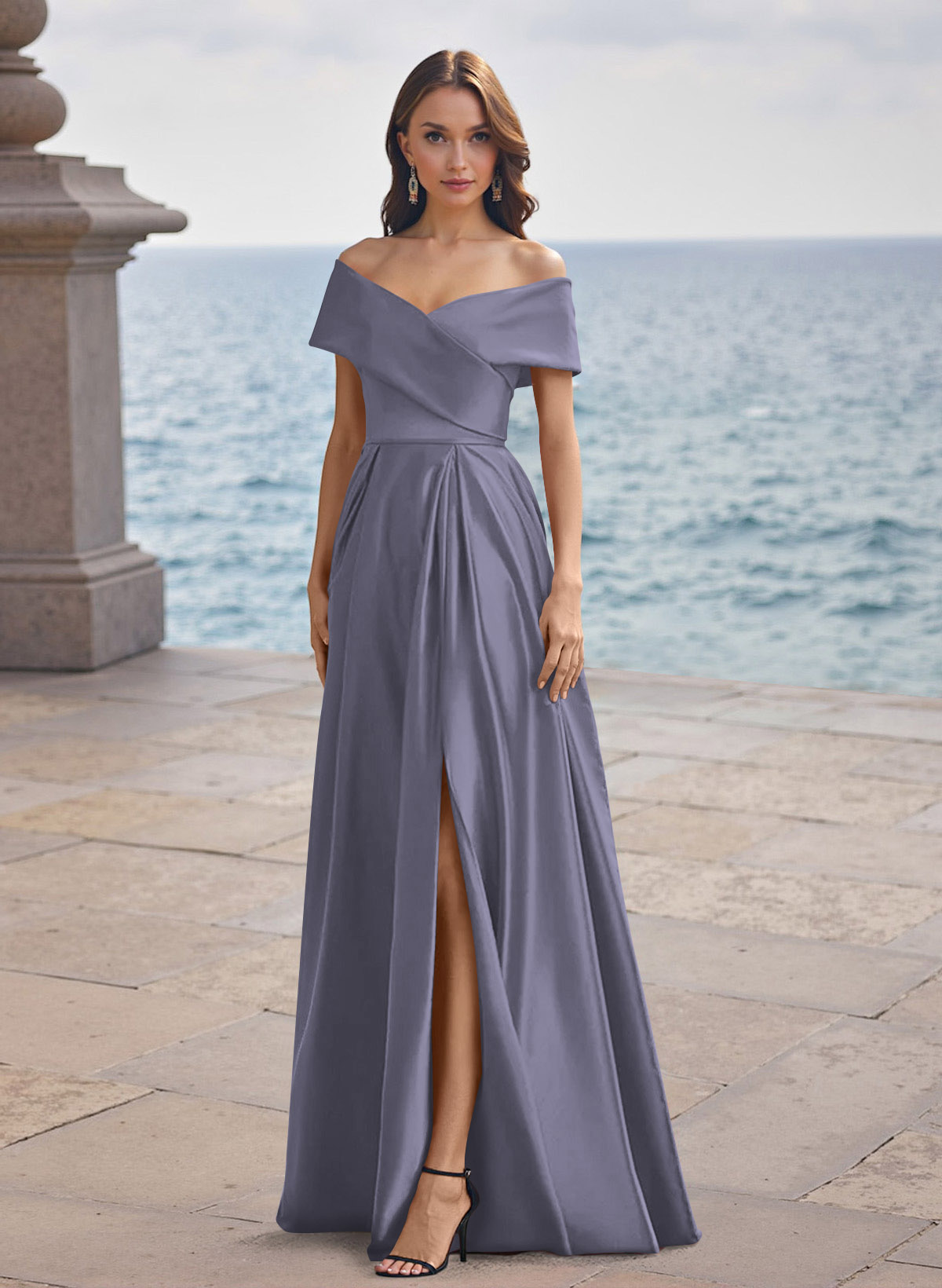 A-Line Off-The-Shoulder Sleeveless Satin Bridesmaid Dresses With Split Front, product image 11