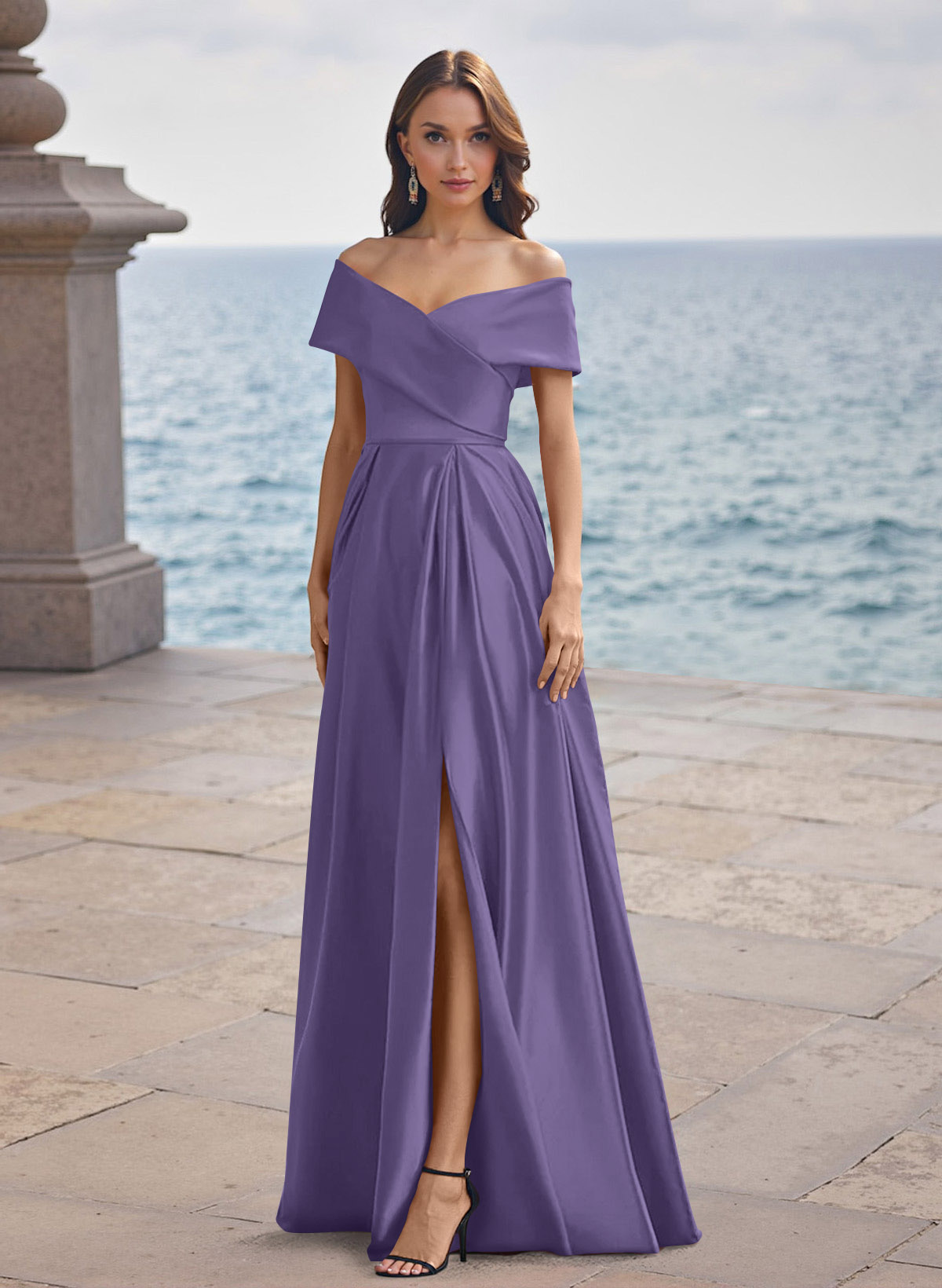 A-Line Off-The-Shoulder Sleeveless Satin Bridesmaid Dresses With Split Front, product image 65
