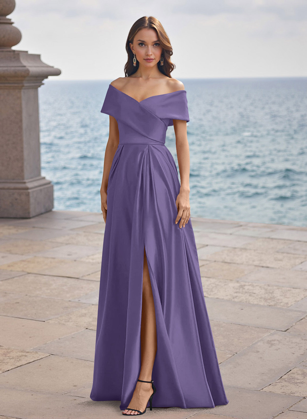 A-Line Off-The-Shoulder Sleeveless Satin Bridesmaid Dresses With Split Front, product image 65