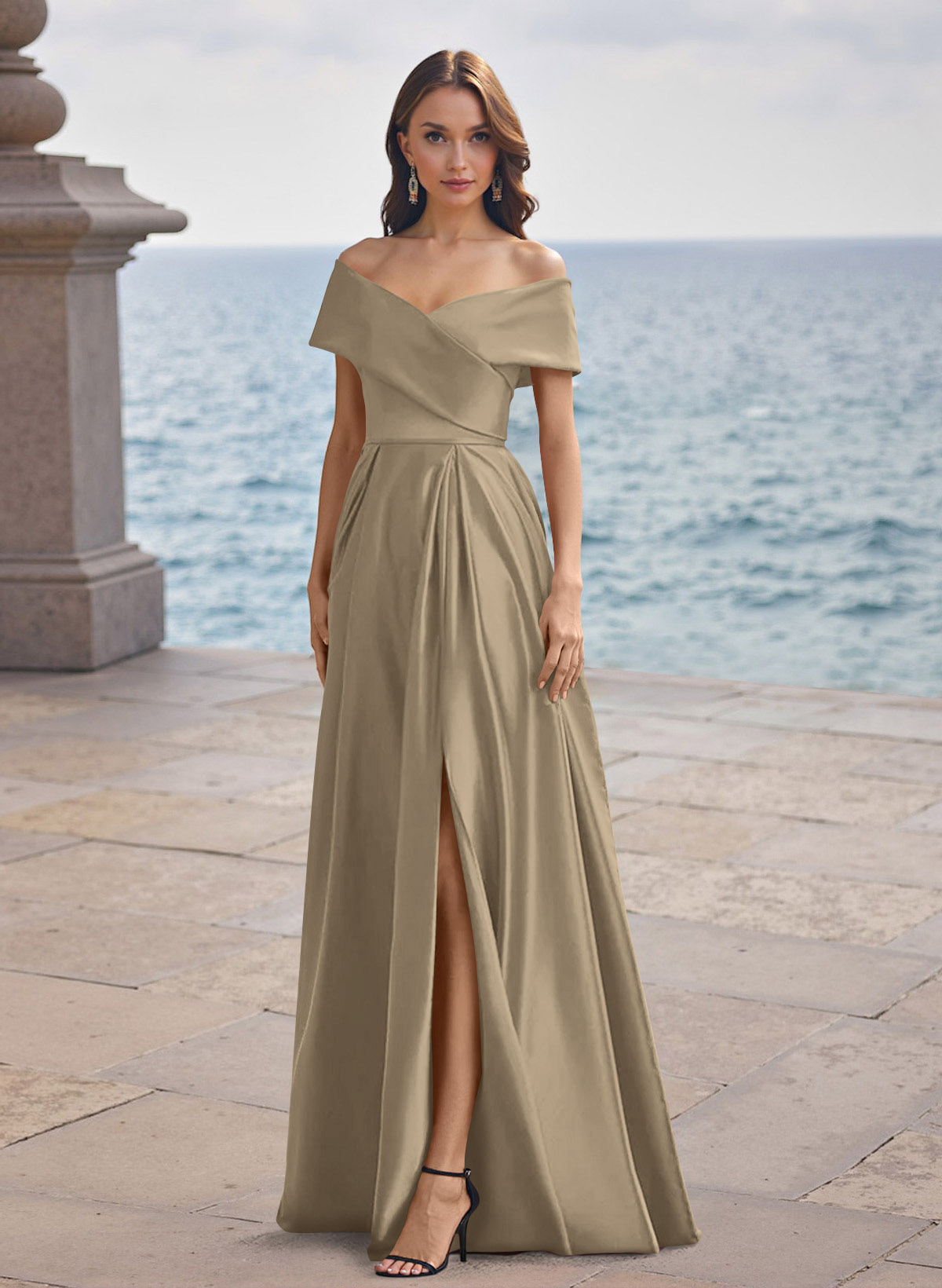 A-Line Off-The-Shoulder Sleeveless Satin Bridesmaid Dresses With Split Front, product image 93