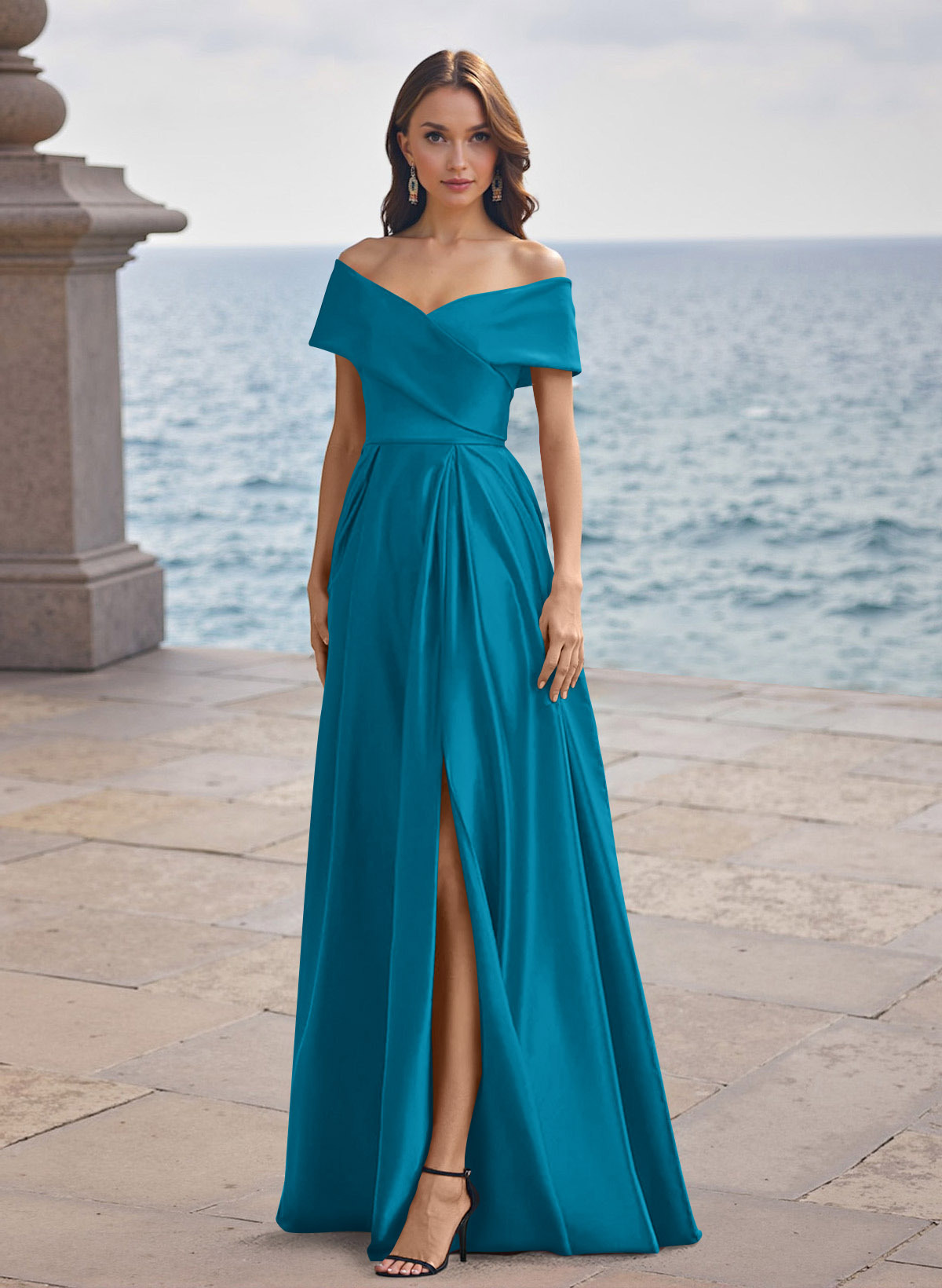 A-Line Off-The-Shoulder Sleeveless Satin Bridesmaid Dresses With Split Front, product image 135