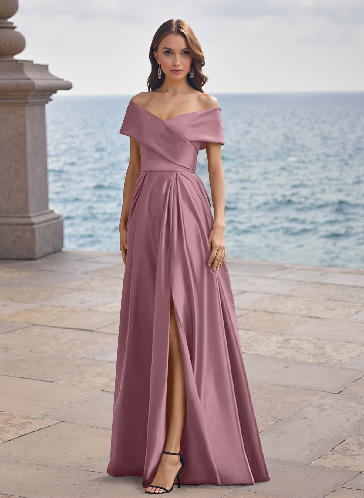 A-Line Off-The-Shoulder Sleeveless Satin Bridesmaid Dresses With Split Front, product image 57