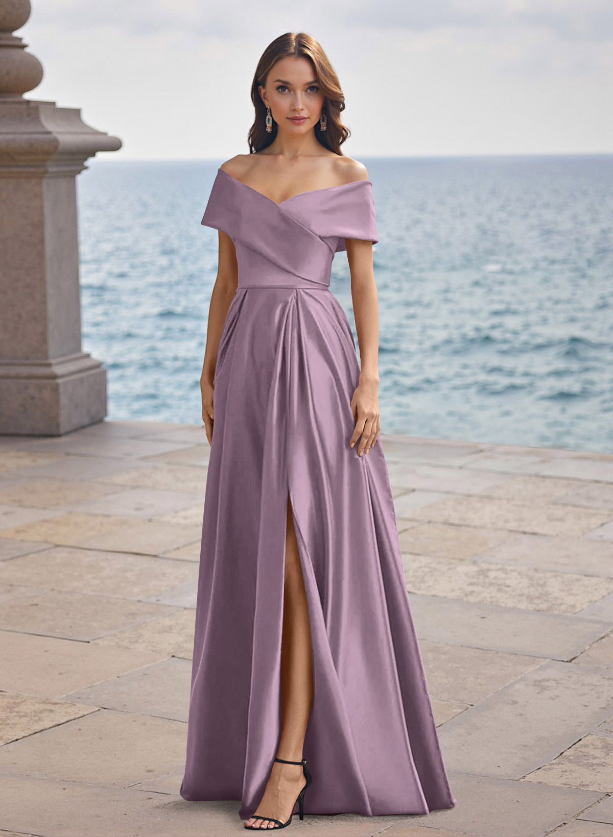 A-Line Off-The-Shoulder Sleeveless Satin Bridesmaid Dresses With Split Front, product image 55