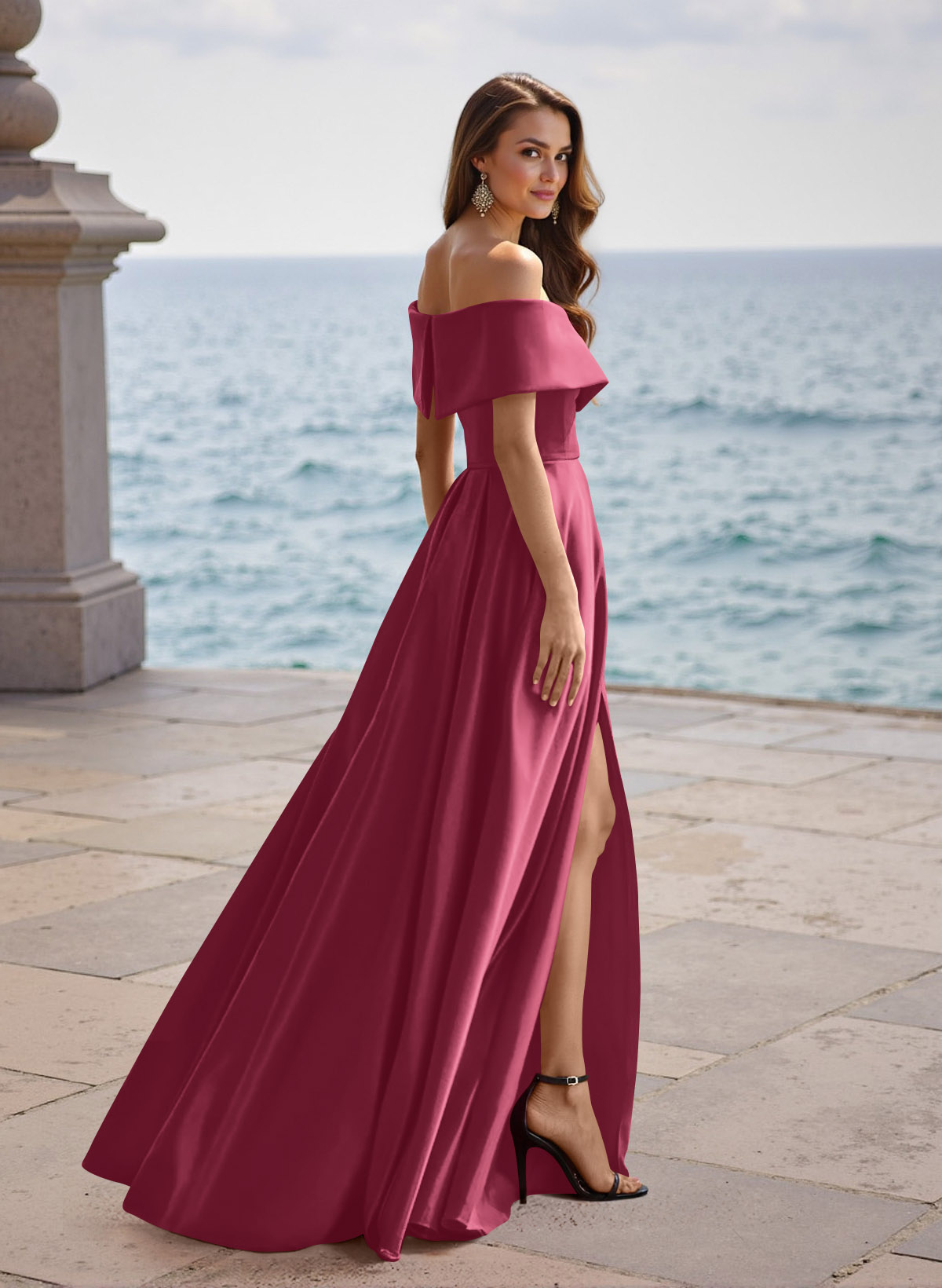 A-Line Off-The-Shoulder Sleeveless Satin Bridesmaid Dresses With Split Front, product image 32