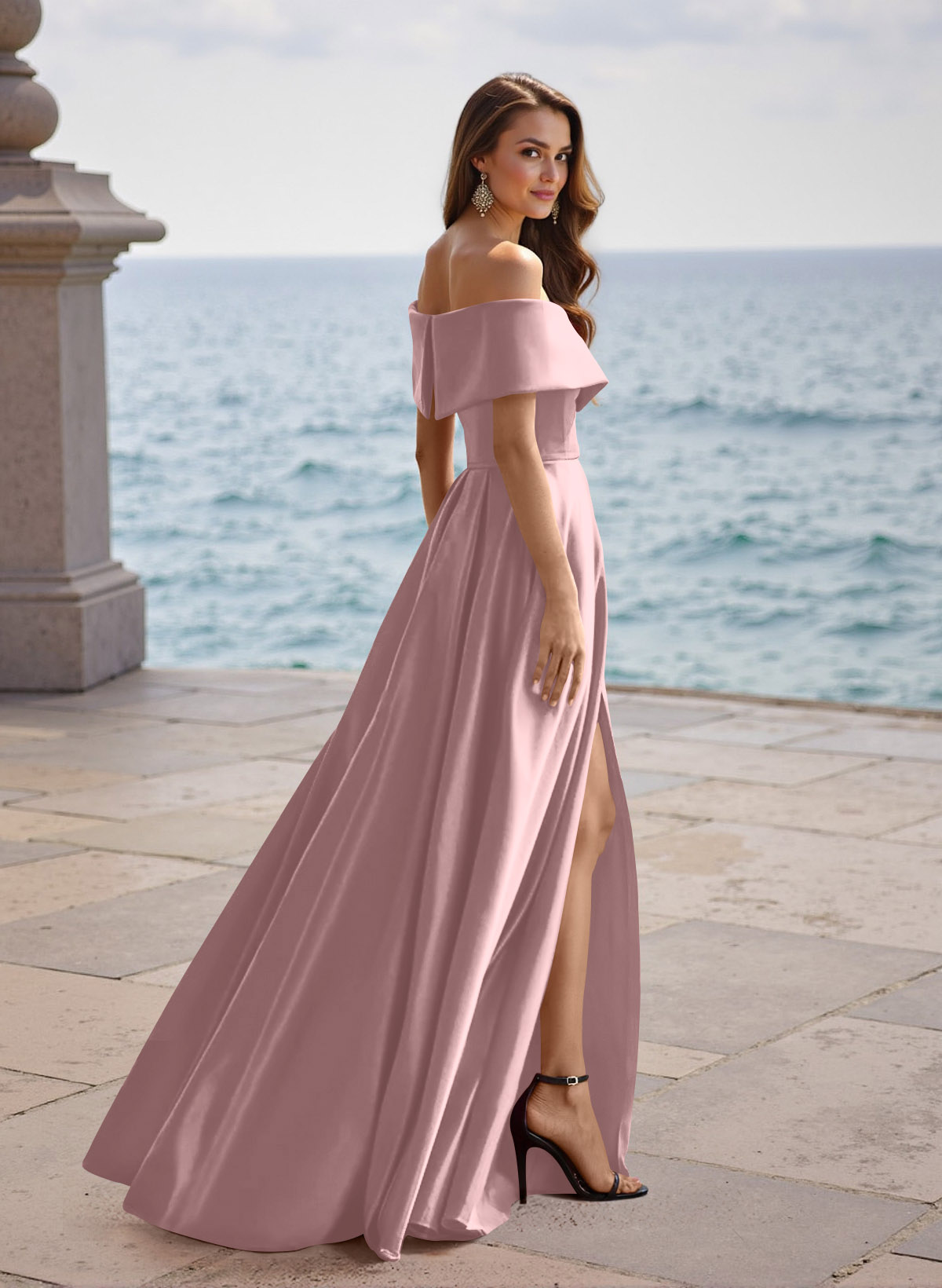 A-Line Off-The-Shoulder Sleeveless Satin Bridesmaid Dresses With Split Front, product image 40
