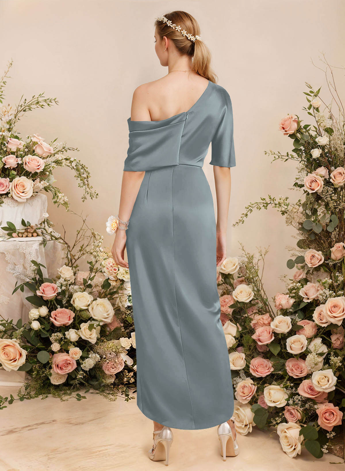 Sheath/Column Asymmetrical Sleeveless Satin Bridesmaid Dresses With Ruffle, product image 33