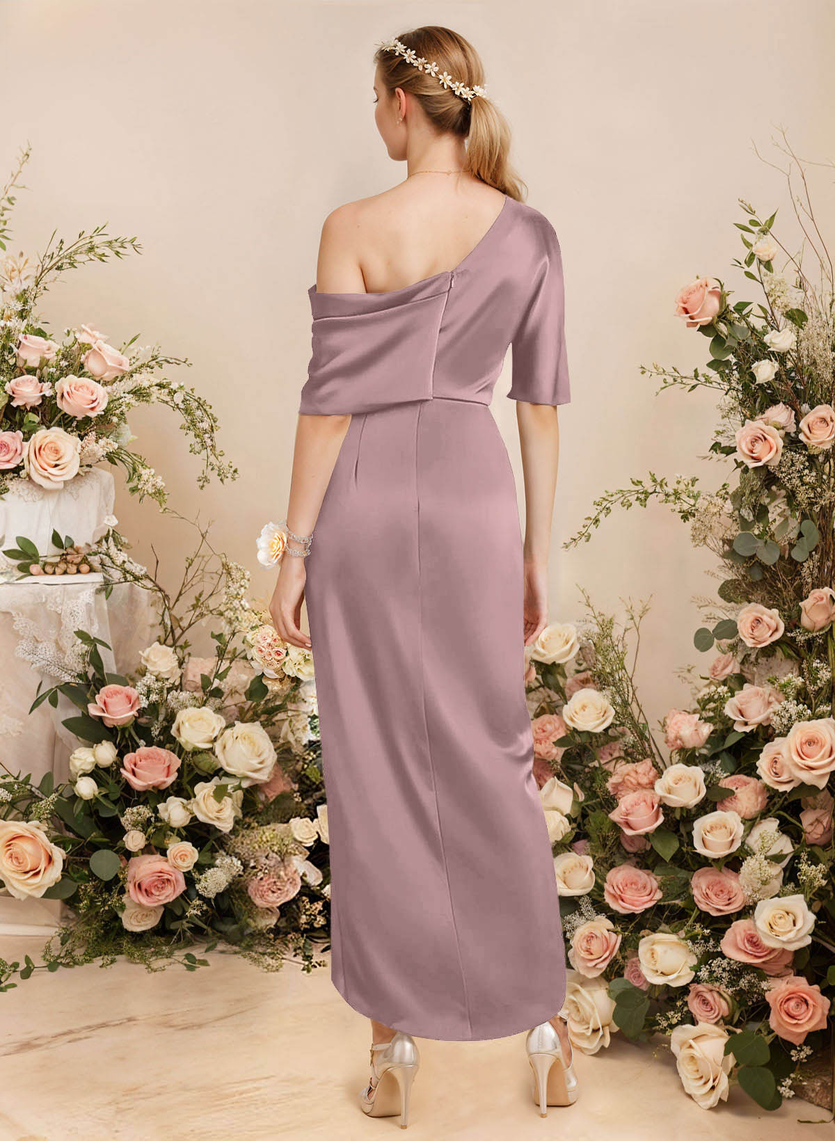 Sheath/Column Asymmetrical Sleeveless Satin Bridesmaid Dresses With Ruffle, product image 65