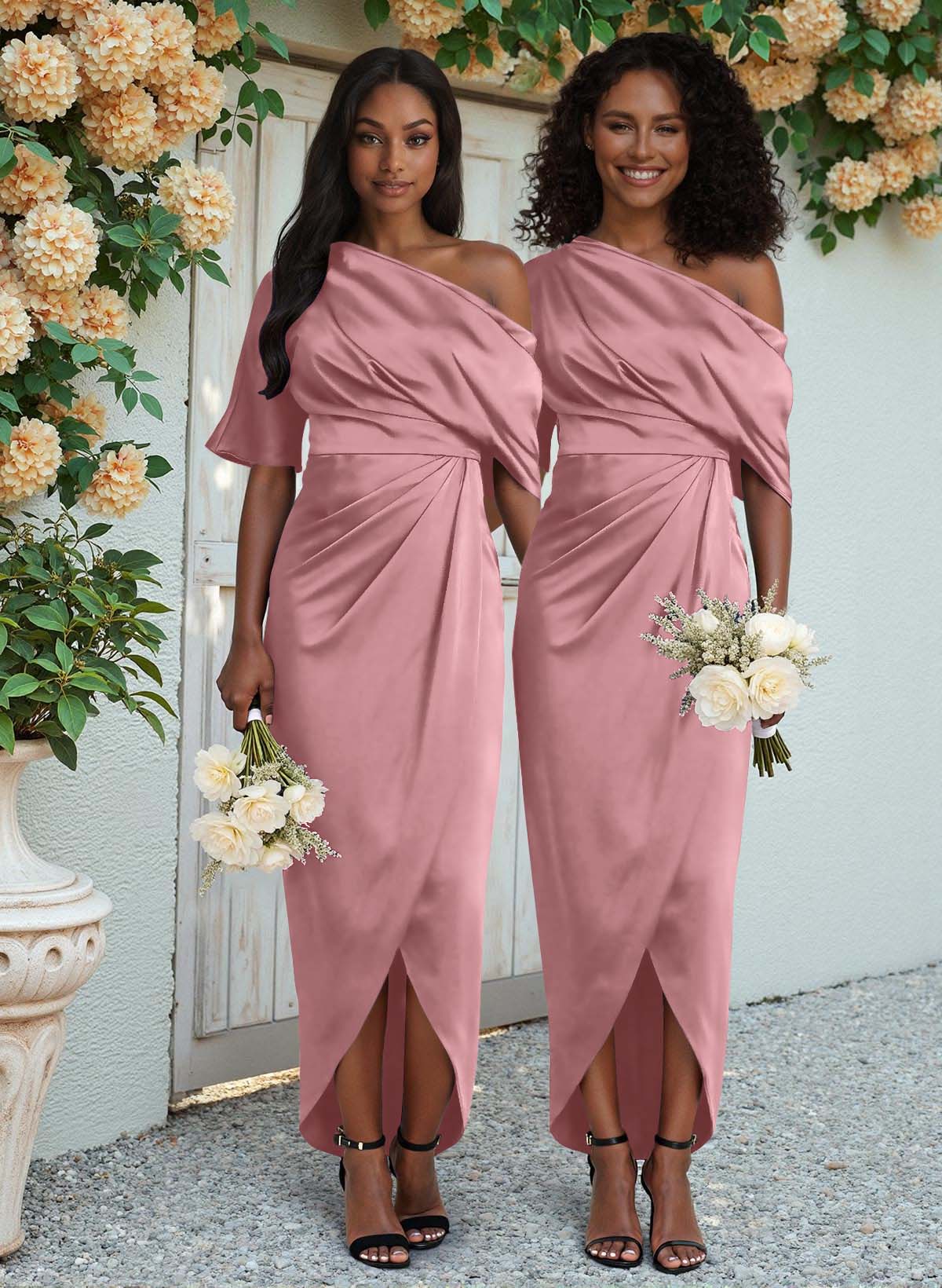 Sheath/Column Asymmetrical Sleeveless Satin Bridesmaid Dresses With Ruffle, product image 70