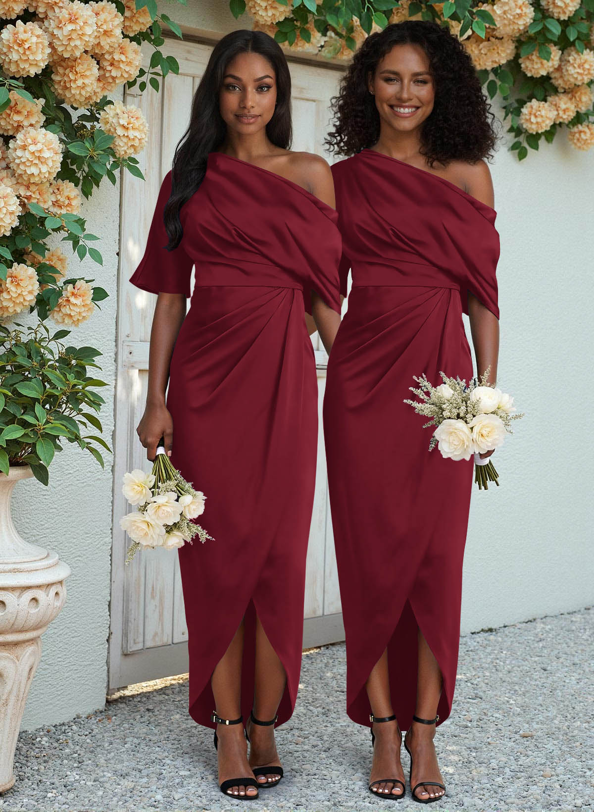 Sheath/Column Asymmetrical Sleeveless Satin Bridesmaid Dresses With Ruffle, product image 94