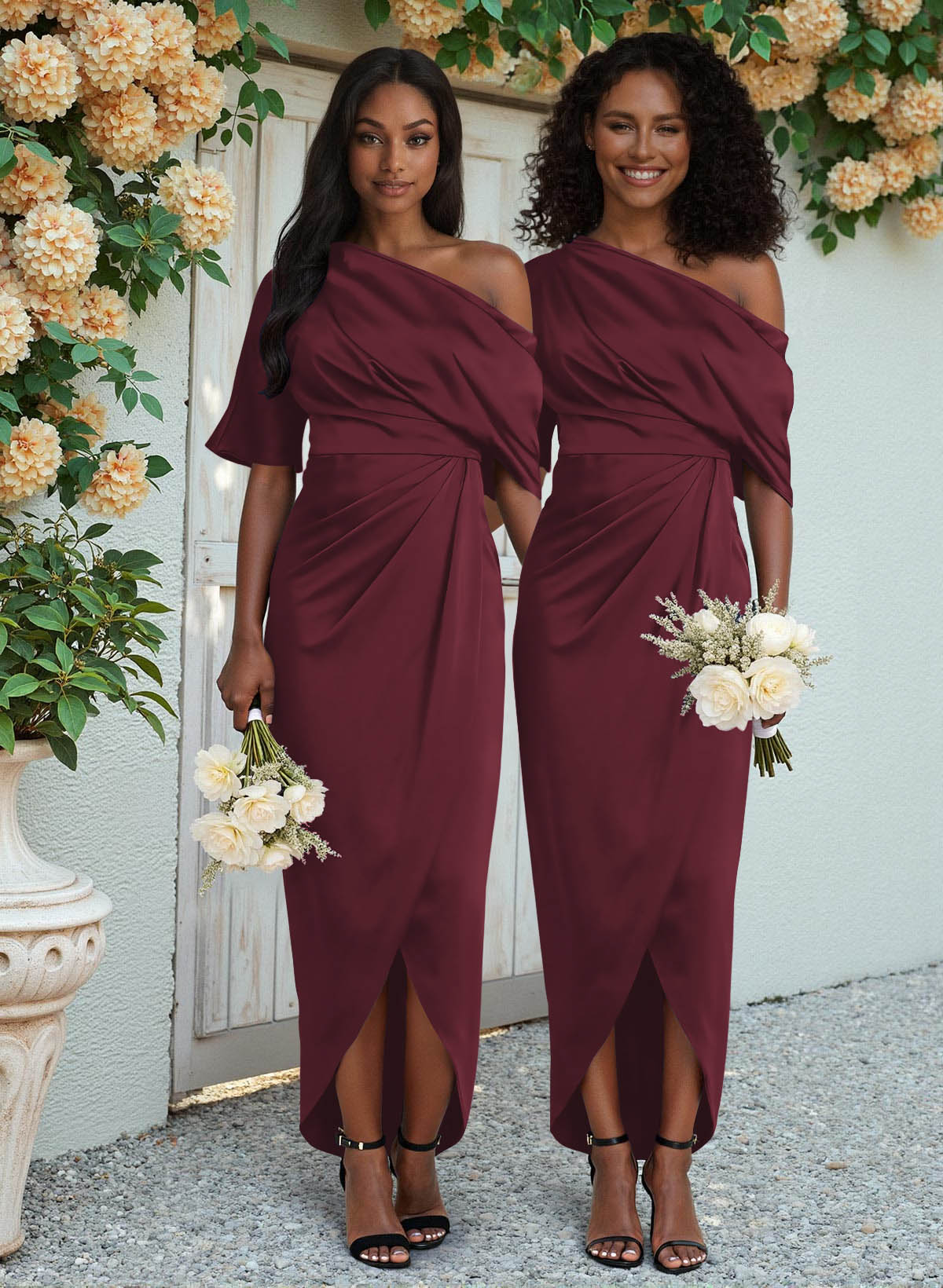 Sheath/Column Asymmetrical Sleeveless Satin Bridesmaid Dresses With Ruffle, product image 98