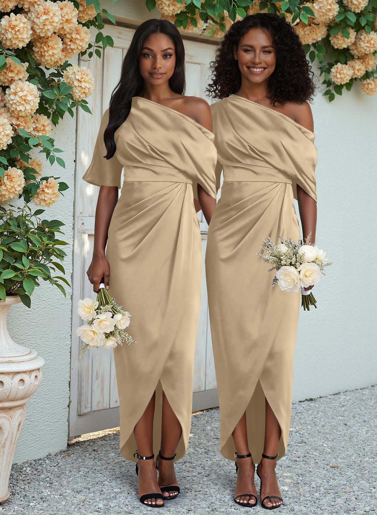 Sheath/Column Asymmetrical Sleeveless Satin Bridesmaid Dresses With Ruffle, product image 10
