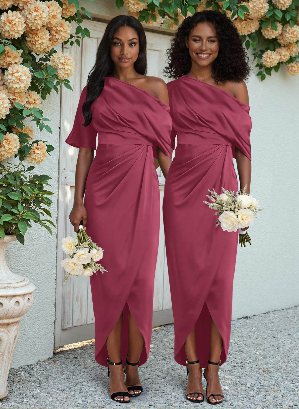 Sheath/Column Asymmetrical Sleeveless Satin Bridesmaid Dresses With Ruffle, product image 102