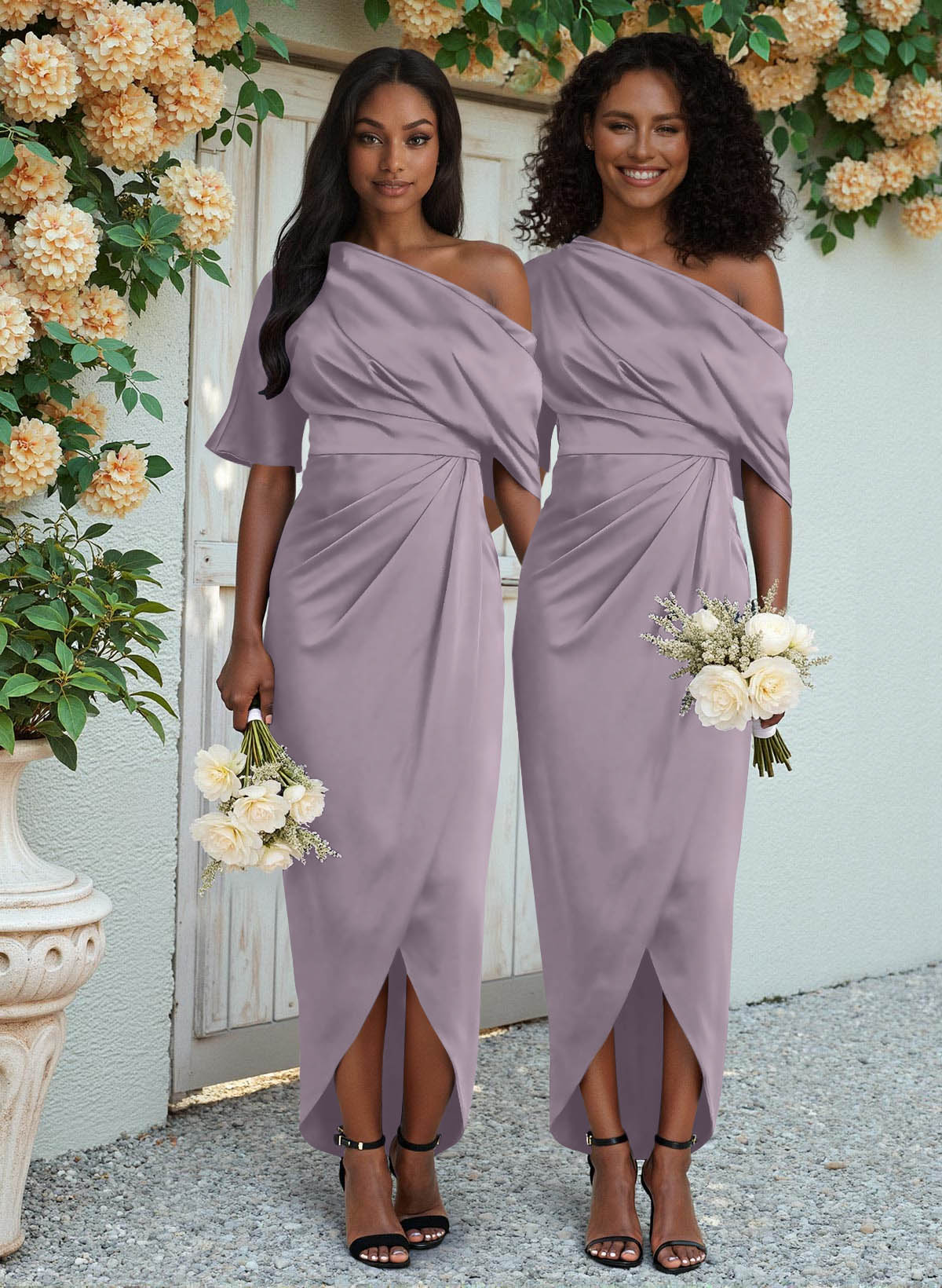 Sheath/Column Asymmetrical Sleeveless Satin Bridesmaid Dresses With Ruffle, product image 130
