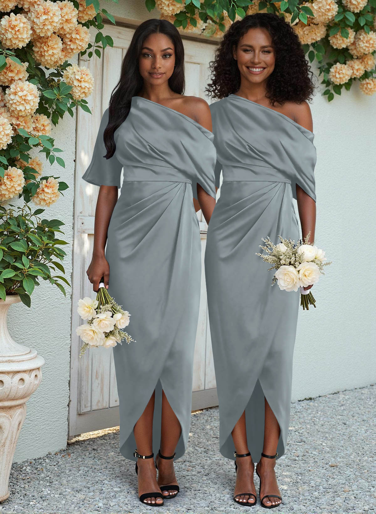 Sheath/Column Asymmetrical Sleeveless Satin Bridesmaid Dresses With Ruffle, product image 30