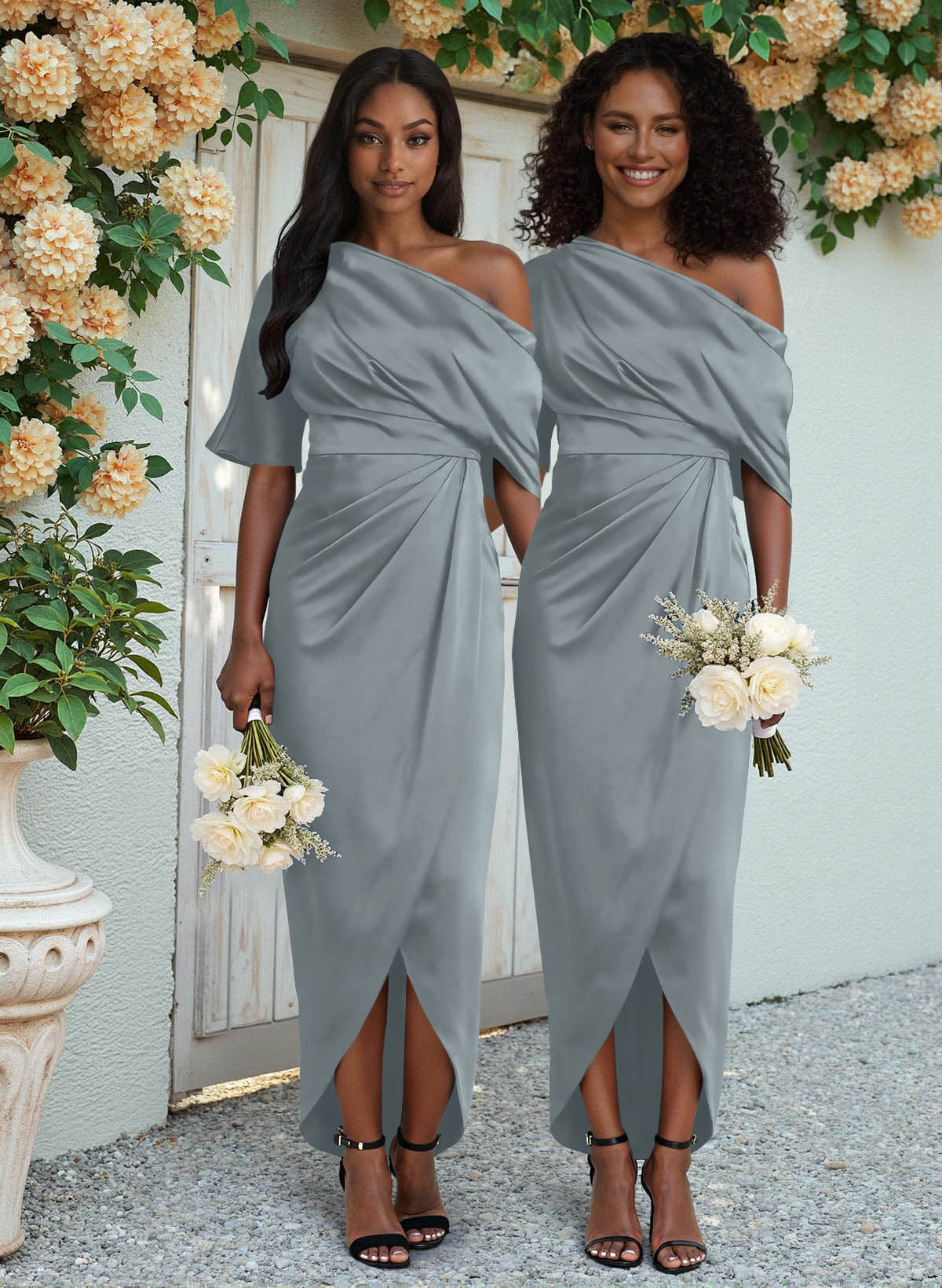 Sheath/Column Asymmetrical Sleeveless Satin Bridesmaid Dresses With Ruffle, product image 30