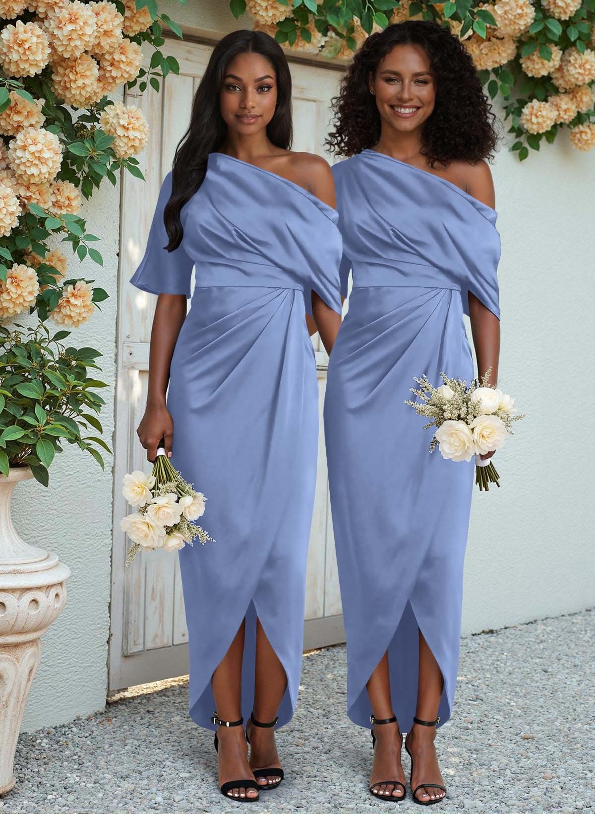 Sheath/Column Asymmetrical Sleeveless Satin Bridesmaid Dresses With Ruffle, product image 50