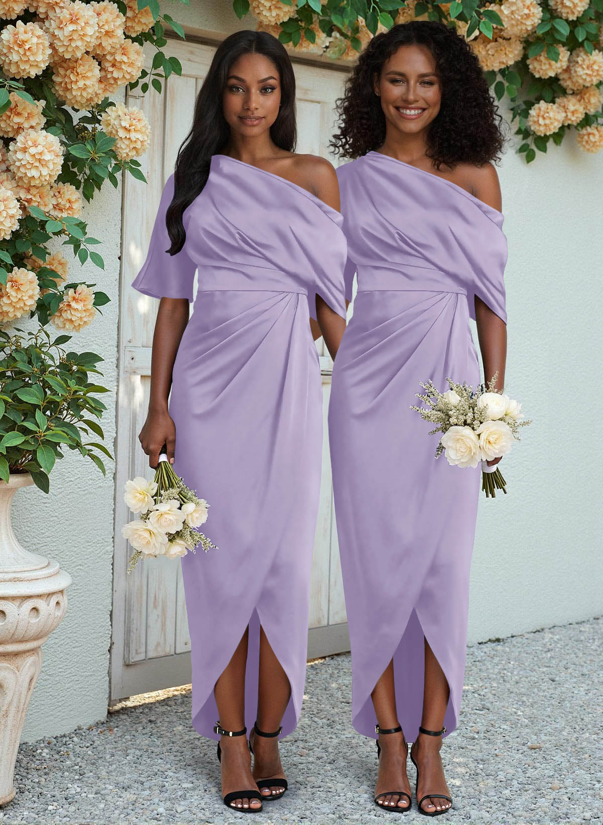 Sheath/Column Asymmetrical Sleeveless Satin Bridesmaid Dresses With Ruffle, product image 150