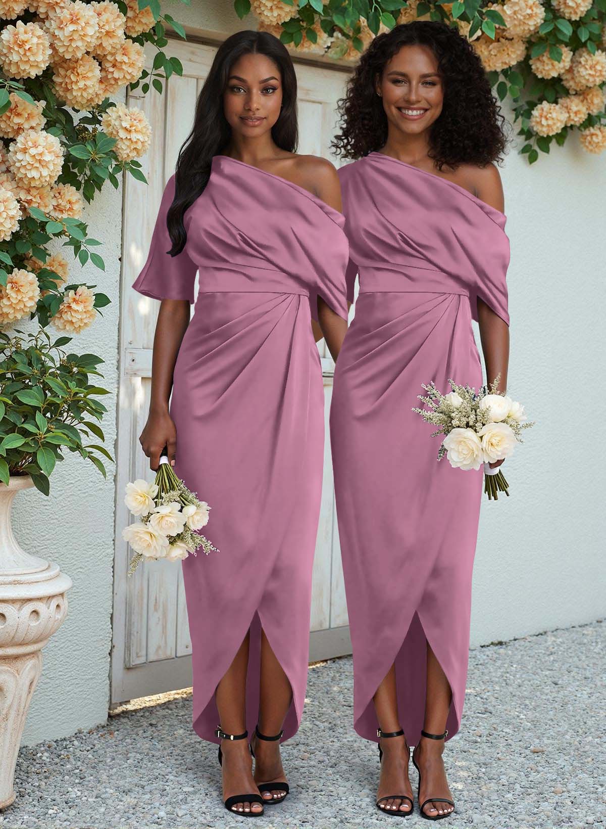 Sheath/Column Asymmetrical Sleeveless Satin Bridesmaid Dresses With Ruffle, product image 146