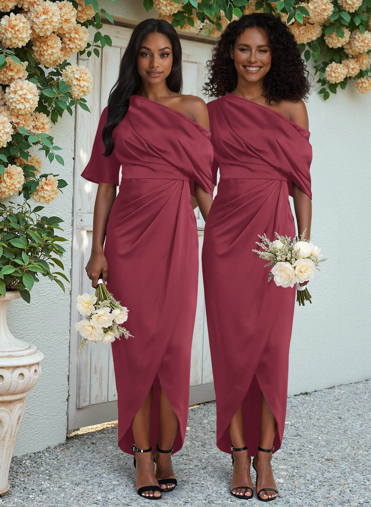 Sheath/Column Asymmetrical Sleeveless Satin Bridesmaid Dresses With Ruffle, product image 106