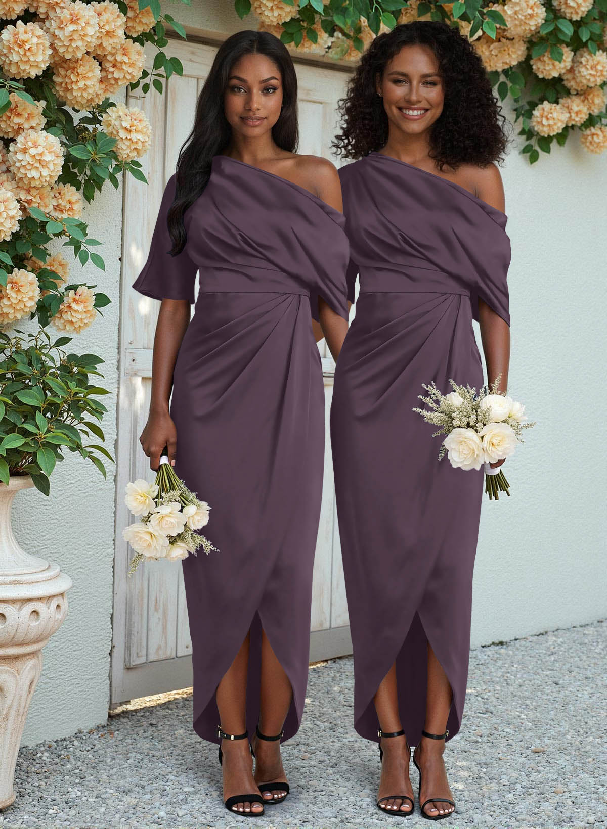 Sheath/Column Asymmetrical Sleeveless Satin Bridesmaid Dresses With Ruffle, product image 158